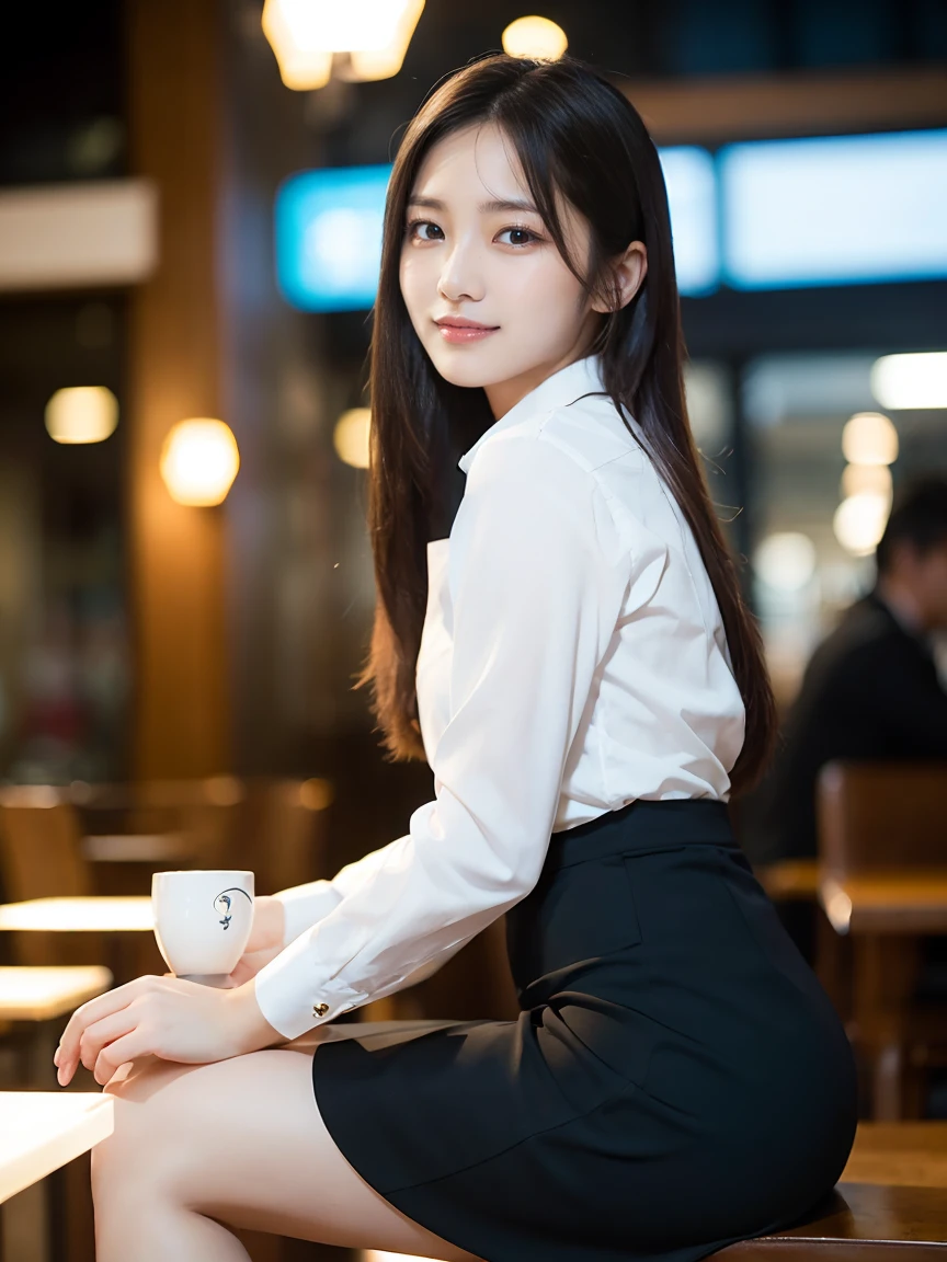 1 Girl,Cafe,Soft Light,Chinese Beauty,Tight Fit,Pleated Skirt,Dark-haired,long hair