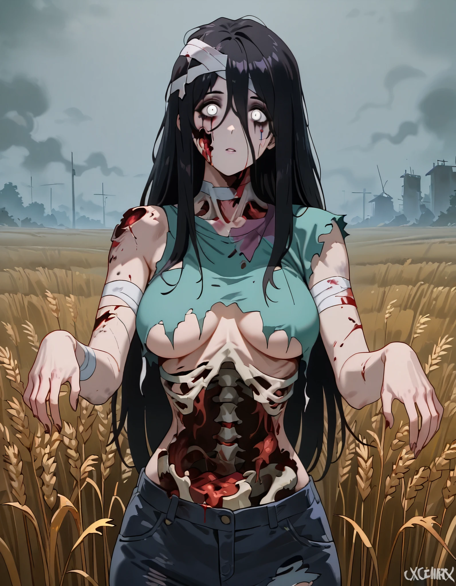((masterpiece:1.1)), ((best quality)), ((highres:1.1)), stunning zombie woman, ((decay flesh)), (decayed flesh), ((open wounds)), ((rotting flesh)), rotting, undead, mist, fog, ripped clothing, wheat field, high wheat, post-apocalyptic, desolate, ((torn clothes)), underboob, cartoon, anime, bandages, arm bandages, nippon animation, very long hair, exposed bone, breasts, white eyes, bandaged head, long hair, black hair, torn sleeves, looking at viewer, pale skin, zombie pose, zombie walk, bone, xcheerleaderx, runny makeup, blood