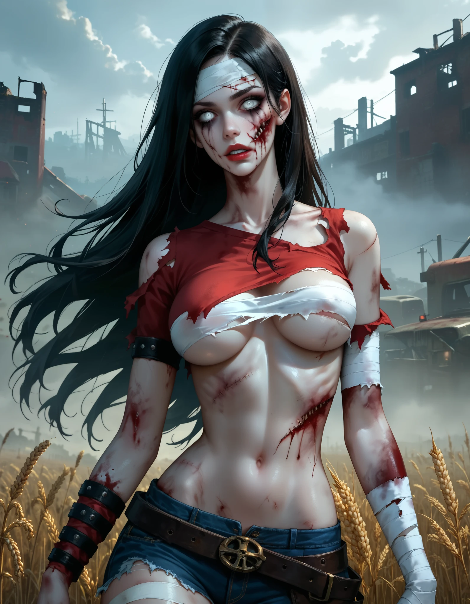 ((masterpiece:1.1)), ((best quality)), ((highres:1.1)), stunning zombie woman, ((decay flesh)), (decayed flesh), ((open wounds)), ((rotting flesh)), rotting, undead, mist, fog, ripped clothing, wheat field, high wheat, post-apocalyptic, desolate, ((torn clothes)), underboob, cartoon, anime, bandages, arm bandages, nippon animation, very long hair, exposed bone, breasts, white eyes, bandaged head, long hair, black hair, torn sleeves, looking at viewer, pale skin, zombie pose, zombie walk, bone, xcheerleaderx, runny makeup, blood