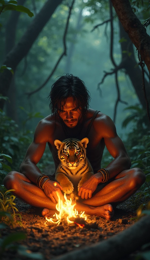 Handsome 17-year-old Korean guy. He has very dark skin and very long black hair. He is shirtless, In beige fur pants and hoof-shaped shoes. He has beautiful masculine features of a young man. He has a red heart pendant. He is hiding in the fern thicket and shooting from a bow.
Next to him is a kind black panther