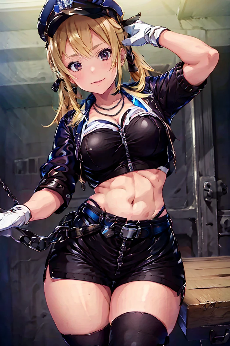 Very detailed、highest quality、Best image quality、masterpiece、8k、Anime Face、A kind smile、Open your mouth、Sparkling blue eyes、(Blonde wavy hair:1.5)、、Muscles of the whole body、camisole、Thigh belt、mini skirt、(Wearing black bikini armor:1.5)、(Cowboy Shot:1.5)、(Leg armor:1.5)、Armor