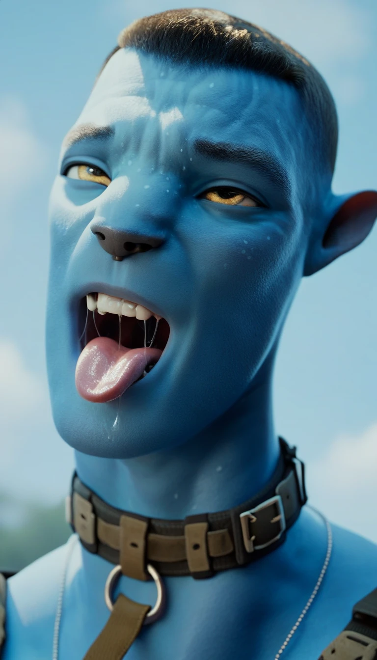 m1les,blue skin,1boy,solo,solo male, muscular,bottomless,close up,looking at the viewver,with a ,dog collar and a leash,on the public park background,ahegao face, saliva string