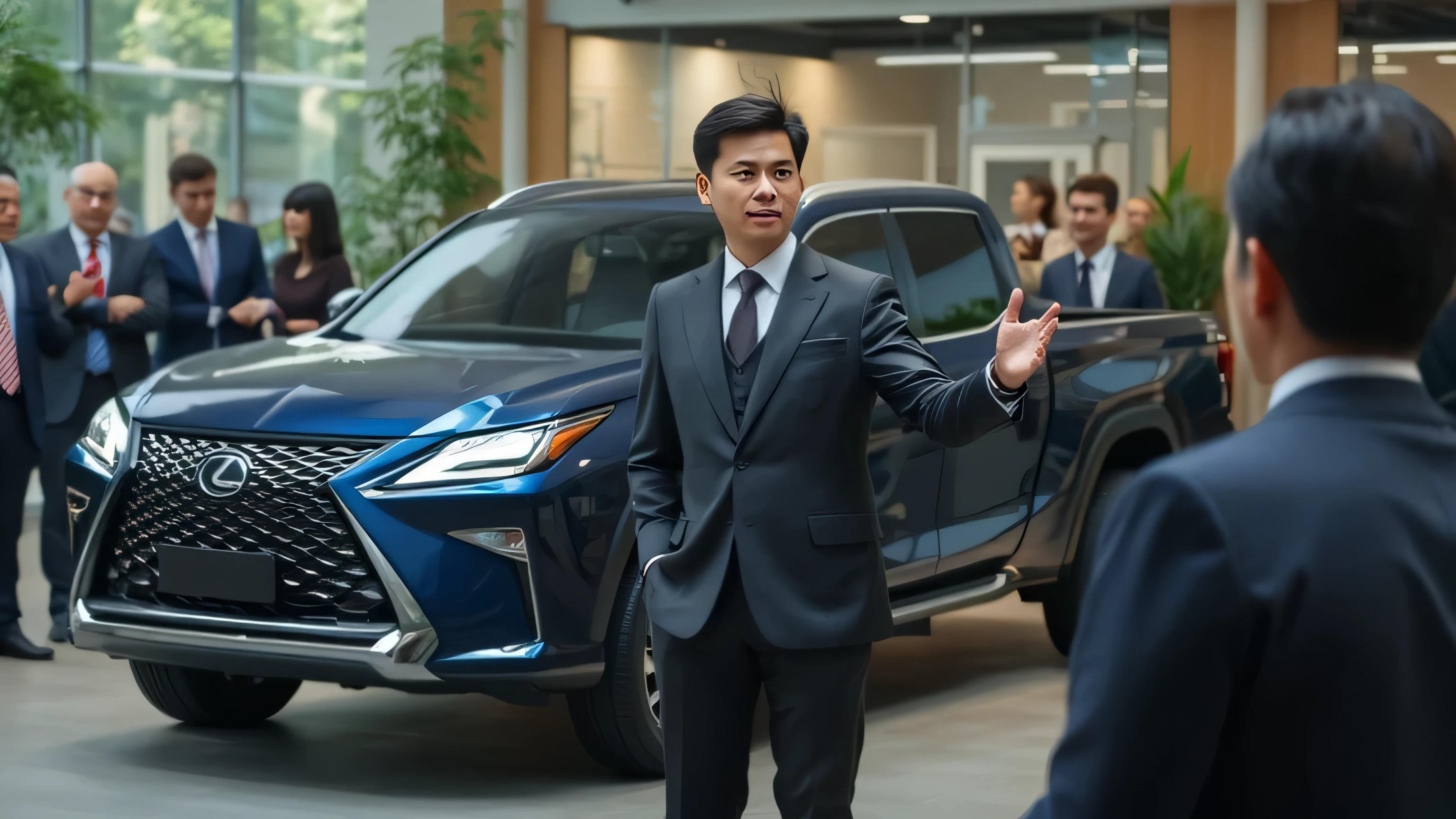 （Two men chatting），sface focus，Face the lens，sideways standing，Hands on the car，detailed face with，Casual wear，A car in the background，at the parking lot