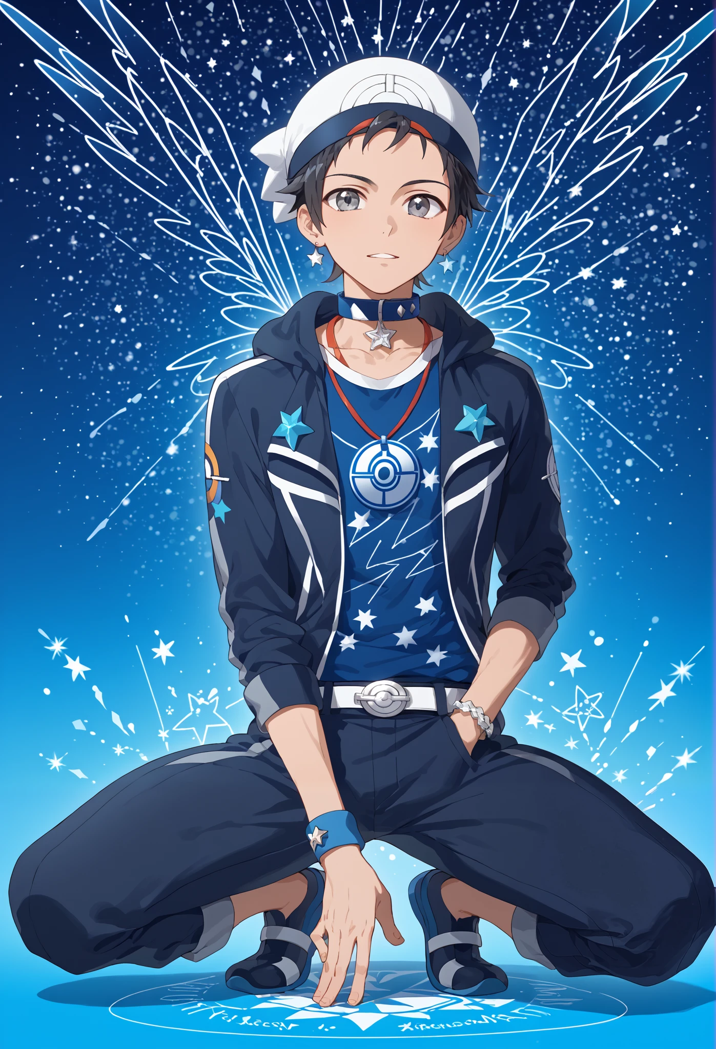 1 boy, , Pokémon , white hat , grey eyes , short hair, ribbon, black hair band,, sunshine, toned body, 'Festival, outdoor background hood **: top stitching ** plush fleece ear decoration **( Refer to Huaiwang's ear shape ), embellished with LED lights in the ear tips ( Starlight special effects , low brightness blue )。
- ** back pattern **: dark blue splash stripes , extends from shoulder to hem , on the back neck label with a “Lazy Star” 。
- **cuff**: light brown patchwork fabric ( imitation belly color block ), hidden pocket on sleeve side ( portable fairy ball card slot )。 simplified version of Xia Wang's sleeping face silhouette ( abstract line style ), embellishment on the chest **Star-shaped embroidery **( echoes the power of the stars )。
- **Neckline**: dark blue piping , back collar tag is embroidered with “Lazy Star” ( Xiaoyou's self-made branded egg )。
** leg side pattern **: dark blue gradient lightning pattern ( symbolizes the explosive power ), thickened wear-resistant layer on the knee ( suitable for tactical squatting )。
- ** belt **: detachable faux fur Waist pack ( shaped like a fake king Bar ), silver chain Hang a mini vacation king tag 。 Wristband**: dark blue elastic fabric , with built-in magnetic clasp for easy carrying of trainer tools {x} with the “Wrath of the Stars” skill effect pattern(战斗时露出的细Festival彩蛋)。
- ** necklace**: shaped like Zaibu's mane dynamic ( contains Z crystal decoration )。