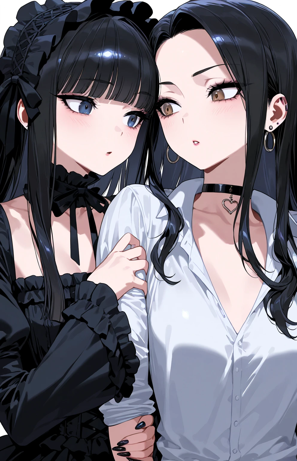 high quality, Two anime girls in dress hugging each other in front of a white background, highres, 8k, (Two heads), 1girl,