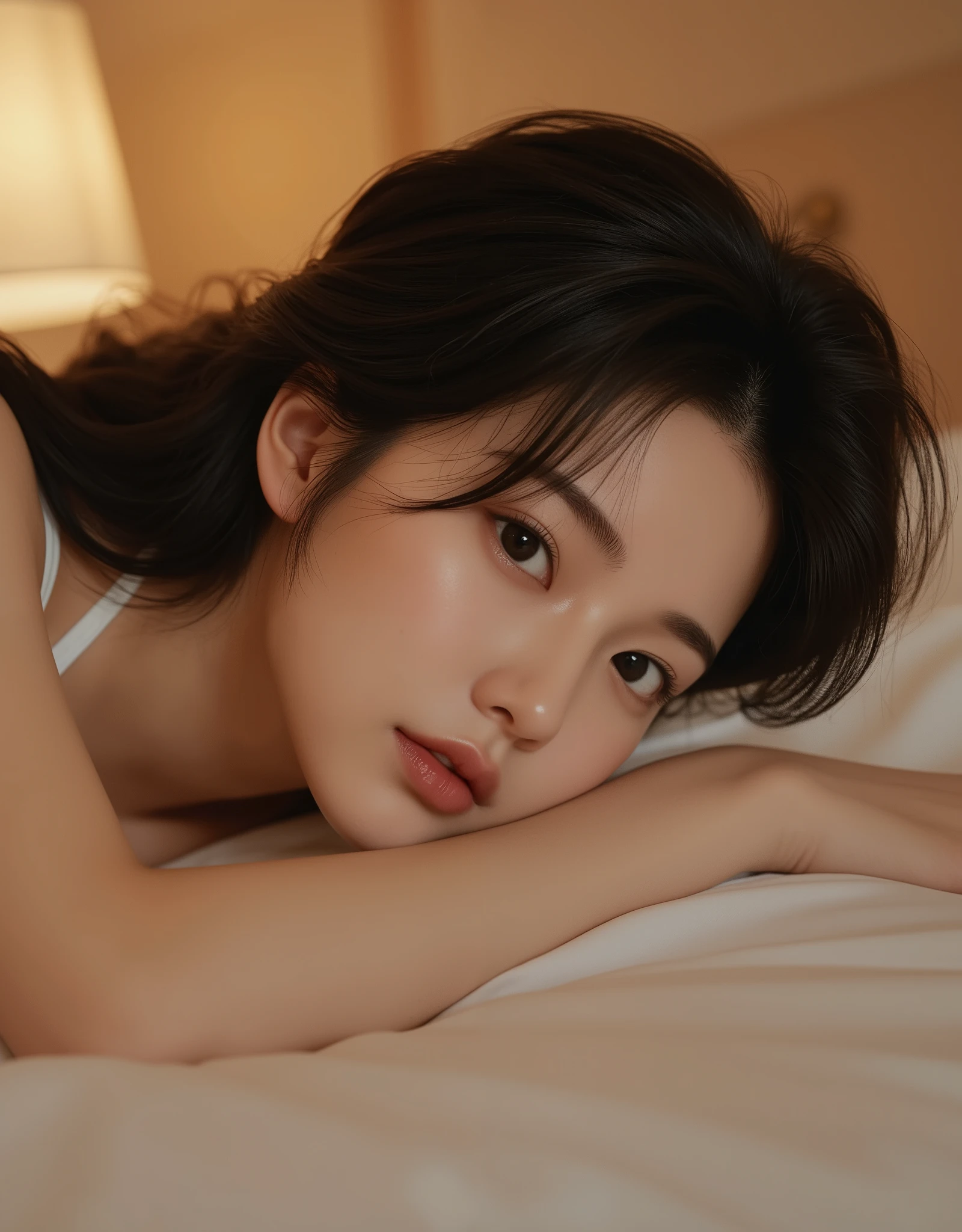 Ultra-realistic Chinese beautiful woman with a slightly tanned complexion, sharp and well-defined facial features, large almond-shaped eyes, long delicate eyelashes, and fair, translucent skin. She has glossy black bob hair with natural waves, slightly tousled, adding to her relaxed yet alluring vibe.
She is wearing only lingerie, with a soft
She lies on a bed, face down, with a seductive and tempting expression. Her face is slightly turned to the side, her lips parted in a subtle smile. Her eyes are half-closed, casting a teasing glance as if inviting attention. Soft, warm light gently illuminates her face and body, creating an intimate yet sexy atmosphere.She has a fair, translucent complexion with a natural, dewy glow, giving her skin an almost ethereal radiance."
The background is a cozy room with warm tones, soft natural light and indirect lighting gently wrapping around her, with cinematic lighting that brings out the details of her skin and hair in ultra-high detail, 8K quality.