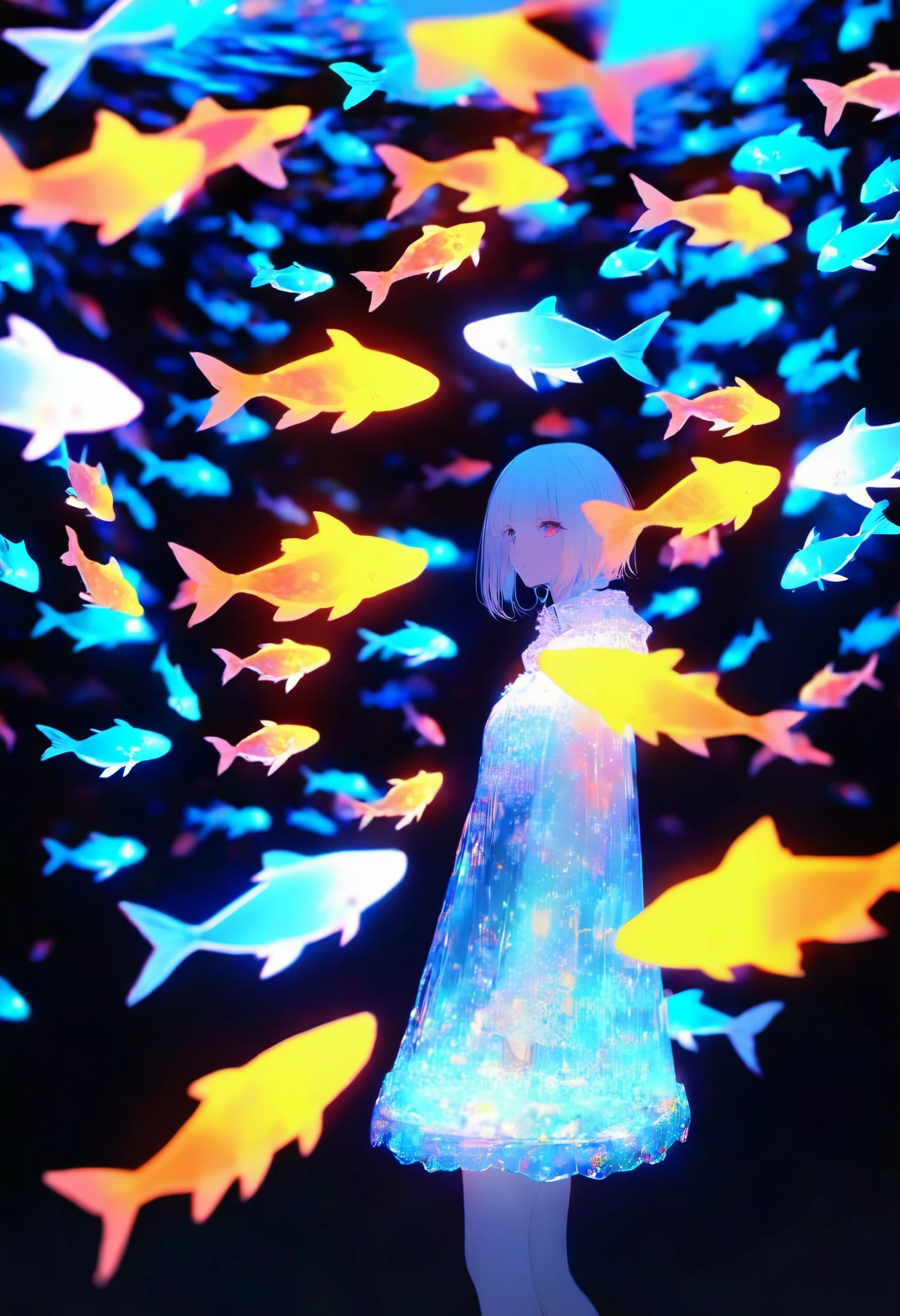 Alone, 1 girl\  glow goldfish are swimming gracefully in the dark, Luminescent goldfish floating in the air, 0 like a backlight__11Xx _illu, Multi-colored glow , three-dimensional glowing ,  clear and attractive sharp glow, 