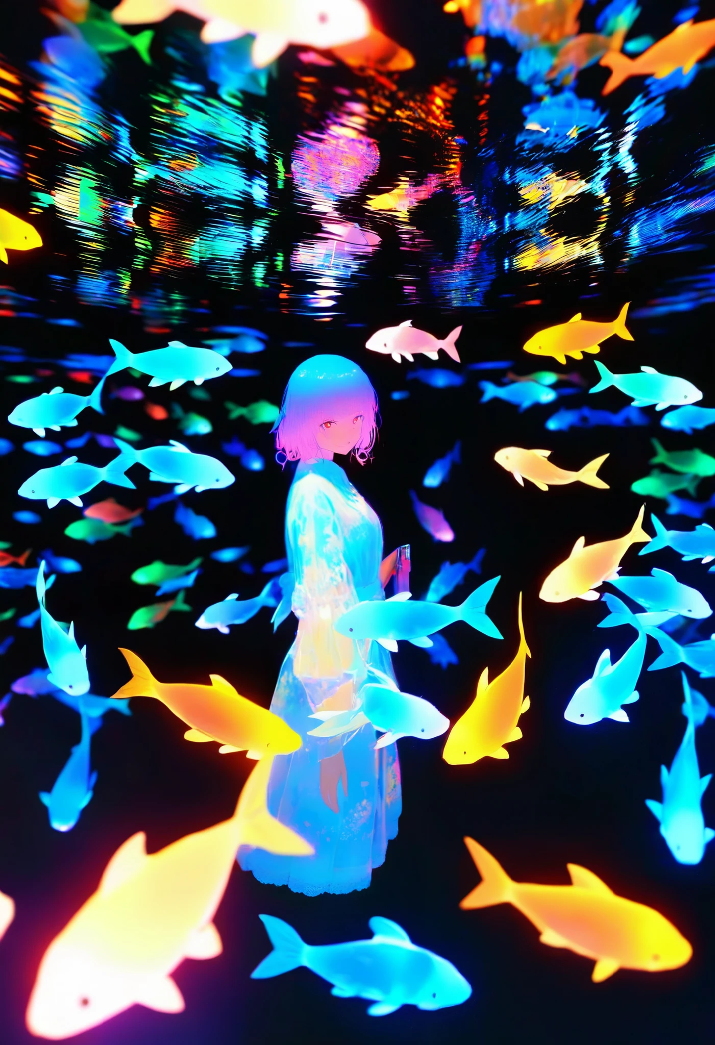 Alone, 1 girl\ Glow goldfish are swimming gracefully in the dark, Luminescent goldfish floating in the air, 0 like a backlight__11Xx _illu,  multicolor glow, three-dimensional glowing ,  clear and attractive sharp glow, 