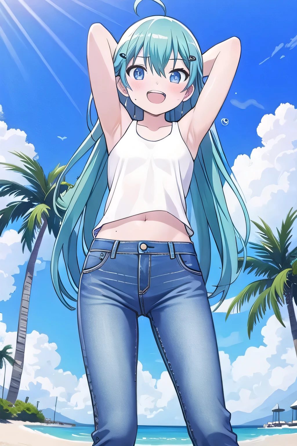 masterpiece,best quality,ultra detail, ((Perfect Face, Perfect Arms, Perfect hands, Perfect Fingers)), 1girl, , peti ((round face, ecstasy, orgasm face, drooping eyes, shame smiling, blush)), dropping eyes, sleepy, Open mouth, ((White teeth)), background((under the beach, (day:1.2), palm tree, bright sky)), miku hatsune, ahoge, aqua eyes, aqua hair, crossed bangs, hair between eyes, hair ornament, (long hair:1.4), ((arms behind head, hands behind head, fingers behind head)), ((contrapposto)), spread armpits, looking at viewer,, (white tank top:1.2), (white crop top:1.2), (jeans pants:1.2, flares jeans:1.2, skinny jeans:1.2, blue jeans:1.2), standing, (legs spread:1.4), sex pose, Sweaty crotch, Steam from the crotch, from below, whole body