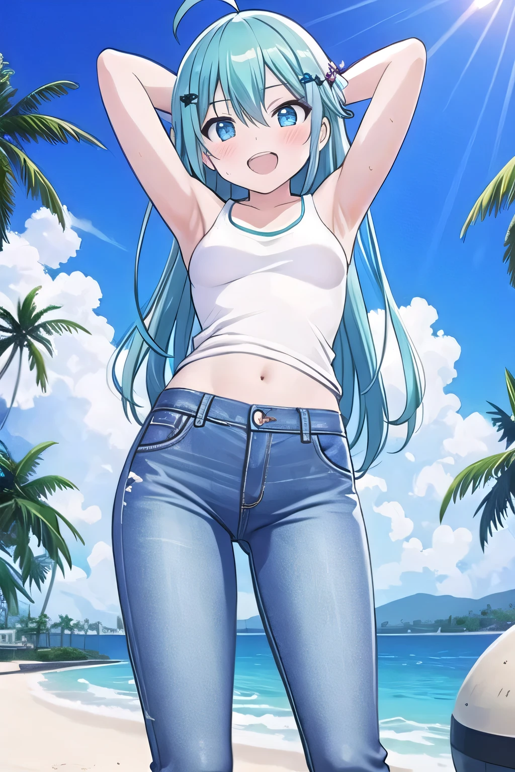 masterpiece,best quality,ultra detail, ((Perfect Face, Perfect Arms, Perfect hands, Perfect Fingers)), 1girl, , peti ((round face, ecstasy, orgasm face, drooping eyes, shame smiling, blush)), dropping eyes, sleepy, Open mouth, ((White teeth)), background((under the beach, (day:1.2), palm tree, bright sky)), miku hatsune, ahoge, aqua eyes, aqua hair, crossed bangs, hair between eyes, hair ornament, (long hair:1.4), ((arms behind head, hands behind head, fingers behind head)), ((contrapposto)), spread armpits, looking at viewer,, (white tank top:1.2), (white crop top:1.2), (jeans pants:1.2, flares jeans:1.2, skinny jeans:1.2, blue jeans:1.2), standing, (legs spread:1.4), sex pose, Sweaty crotch, Steam from the crotch, from below, whole body