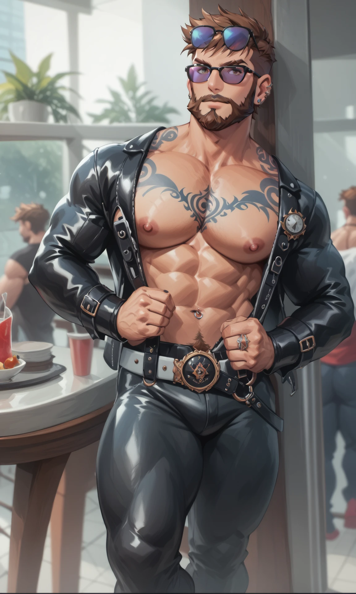 a bearded tattooed muscle man posing naked, nsfw, muscular man, perfect anatomy, balanced anatomy, hairy, big chest, bdsm costume, black leather kepi, sunglasses, big penis, black harness, handsome, lewd expression, muscular, short haircut, bearded, brown hair, piercings, red background, high resolution, high quality, masterpiece.