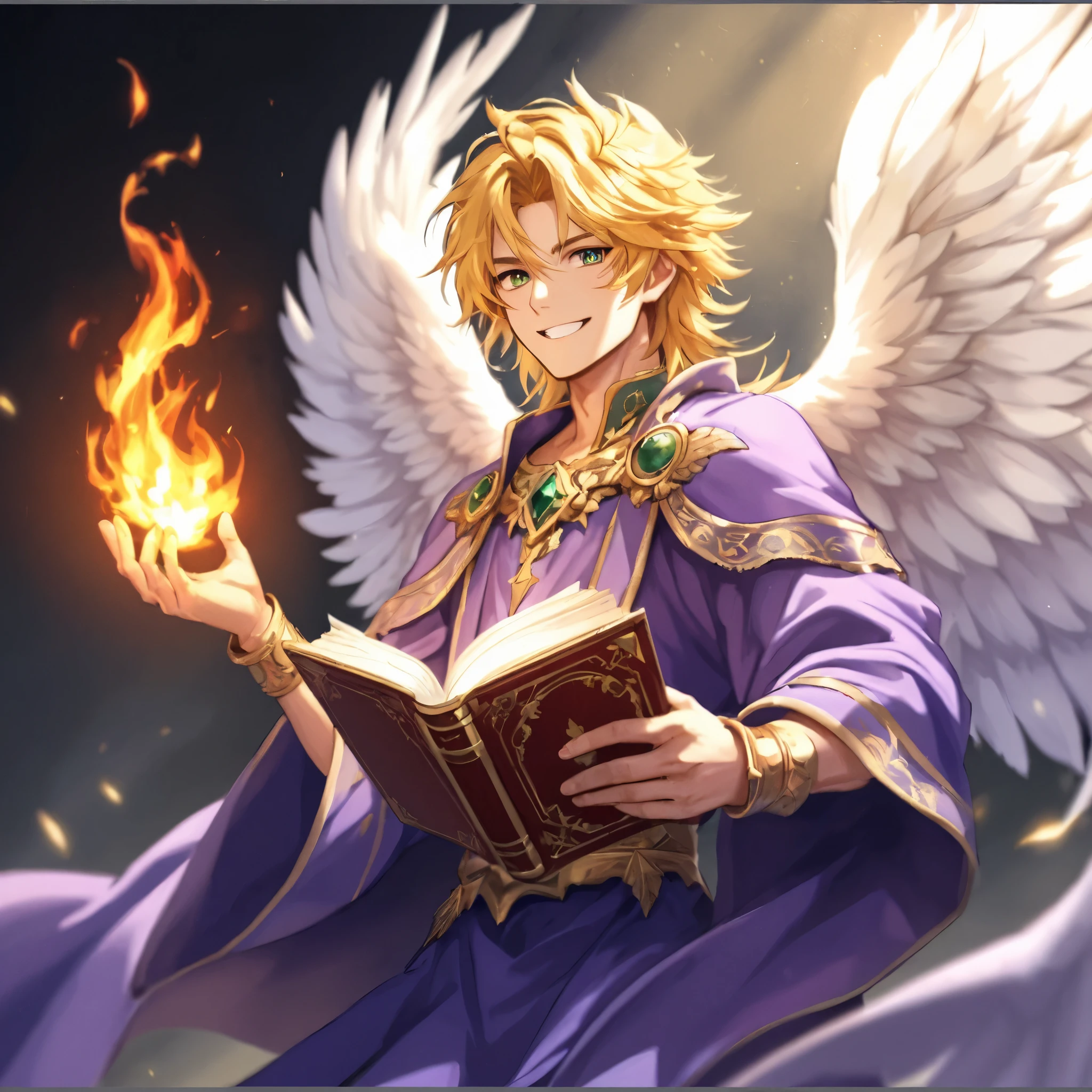  blond male angel smiling and holding a book in one hand、Fire in his other open hand 、White Wings、 wearing a purple robe with green and gold decorations 
