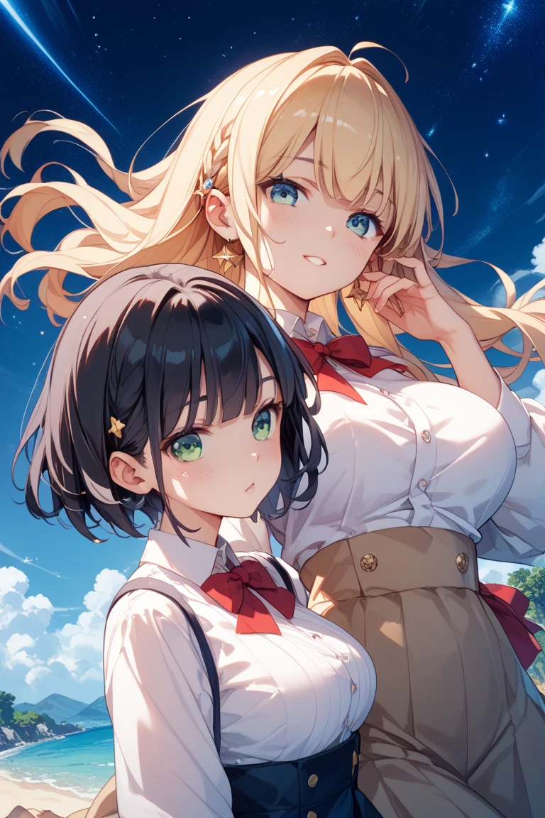 Two girls( long hair、 blond hair、Big Breasts、 green eyes、Fleeting、ribbon(One pair left and right))、( short hair、 black hair、 small tits、 blue eyes、Rin々Shii)、 Under the Starry Sky
