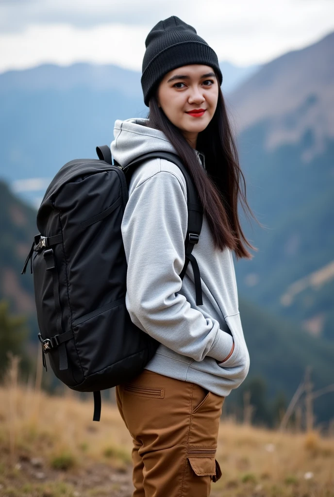 Facing front portrait, full body portrait, Real human photo, anie is a 25 years old womam, medium and tall body, white skin. Long straight black hair, black expressive eyes, . Wearing black beannie, plain light grey hoodie, brown cargo pant, black mountain shoes,. Carrying a big blac mountain backpack. She is facing forward with litle bit smile, closed mouth smile, background is mountain.