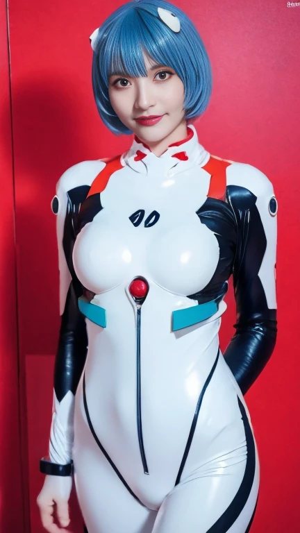 (masterpiece), (best quality), (red eyes), (epiCRealLife), (red lipstick), (elizabeth_olsen), (young woman), (European Model), (reiayanami costume), ( reiayanami latex bodysuit), (ayanami_rei plugsuit), interface headset, white bodysuit), (red eyes), (blue hair), (huge breasts),  (space station scene), (cowboy shots), (flash photography), (natural lights), (ample lights)