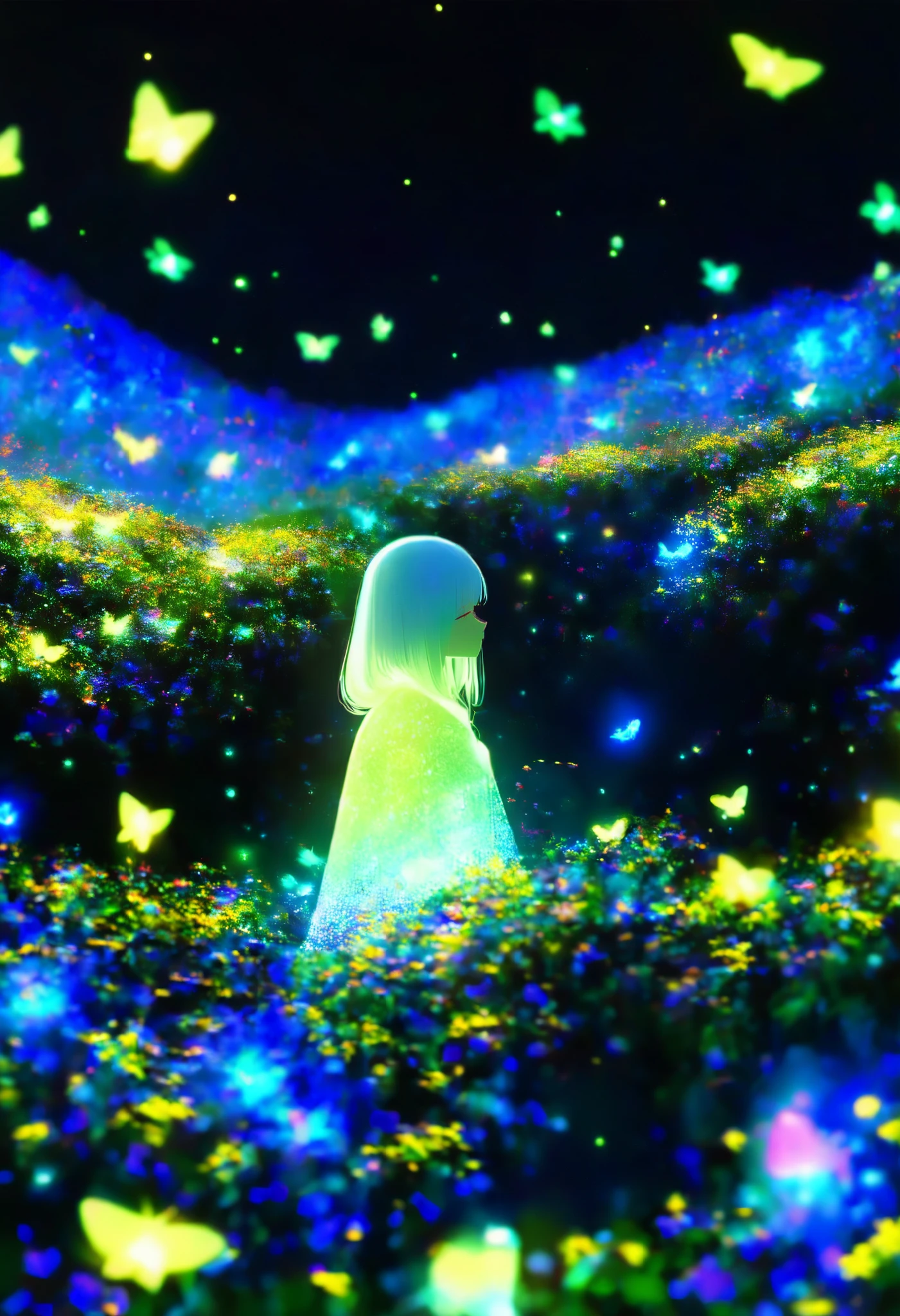 Alone, 1 girl\ glow fireflies fly gracefully in the dark, Luminescent fireflies floating in the air , 0 like a backlight__11Xx _illu, Multi-colored glow , three-dimensional glowing , Clear and attractive sharp glow,