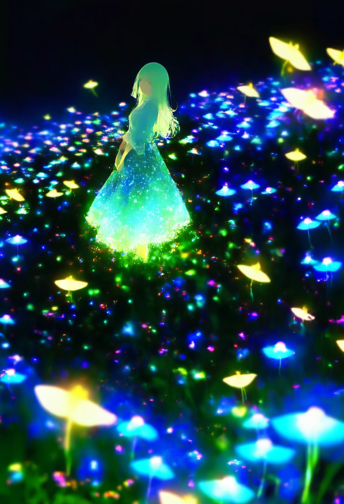 Alone, 1 girl\ glow fireflies fly gracefully in the dark, Luminescent fireflies floating in the air , 0 like a backlight__11Xx _illu, Multi-colored glow , three-dimensional glowing , Clear and attractive sharp glow,