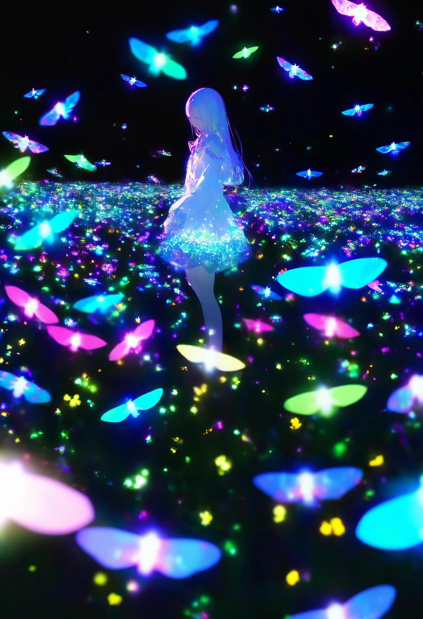 Alone, 1 girl\ glow fireflies fly gracefully in the dark, Luminescent fireflies floating in the air , 0 like a backlight__11Xx _illu, Multi-colored glow , three-dimensional glowing , Clear and attractive sharp glow,