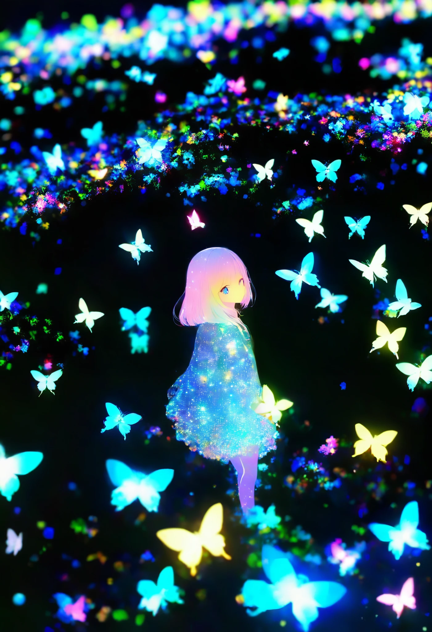 Alone, 1 girl\ glow fireflies fly gracefully in the dark, Luminescent fireflies floating in the air , 0 like a backlight__11Xx _illu, multicolor glow, three-dimensional glowing , clear and attractive sharp glow,