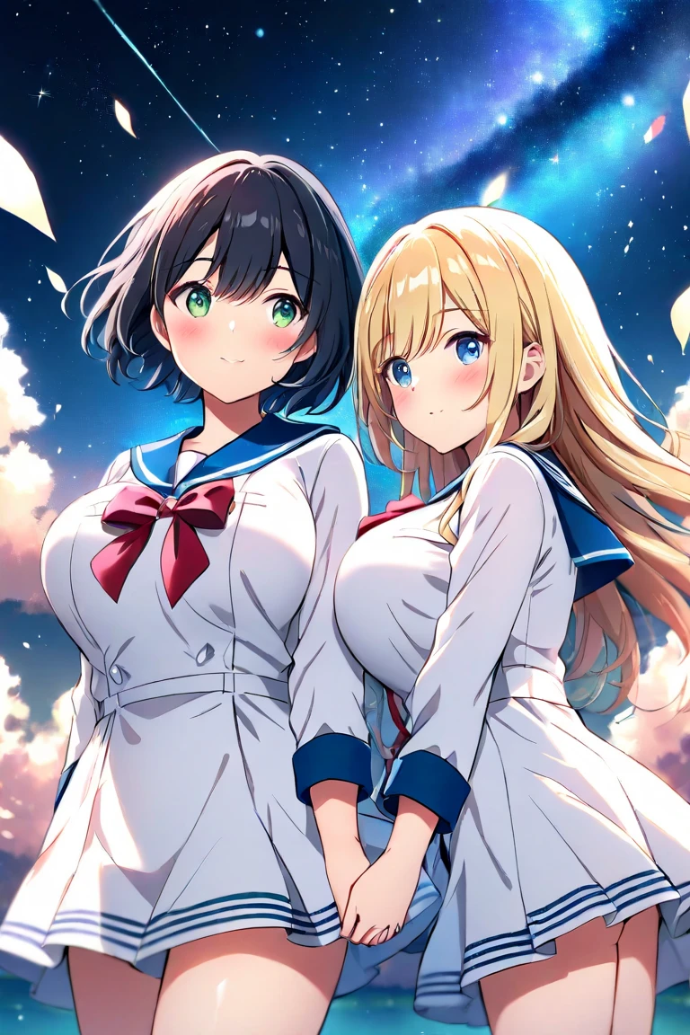 Two girls( long hair、 blond hair、Big Breasts、 green eyes、Fleeting、ribbon(One pair left and right))、( short hair、 black hair、 small tits、 blue eyes、Rin々Shii)、 Under the Starry Sky、 blushes my cheeks、 hold hands、 sailor suit