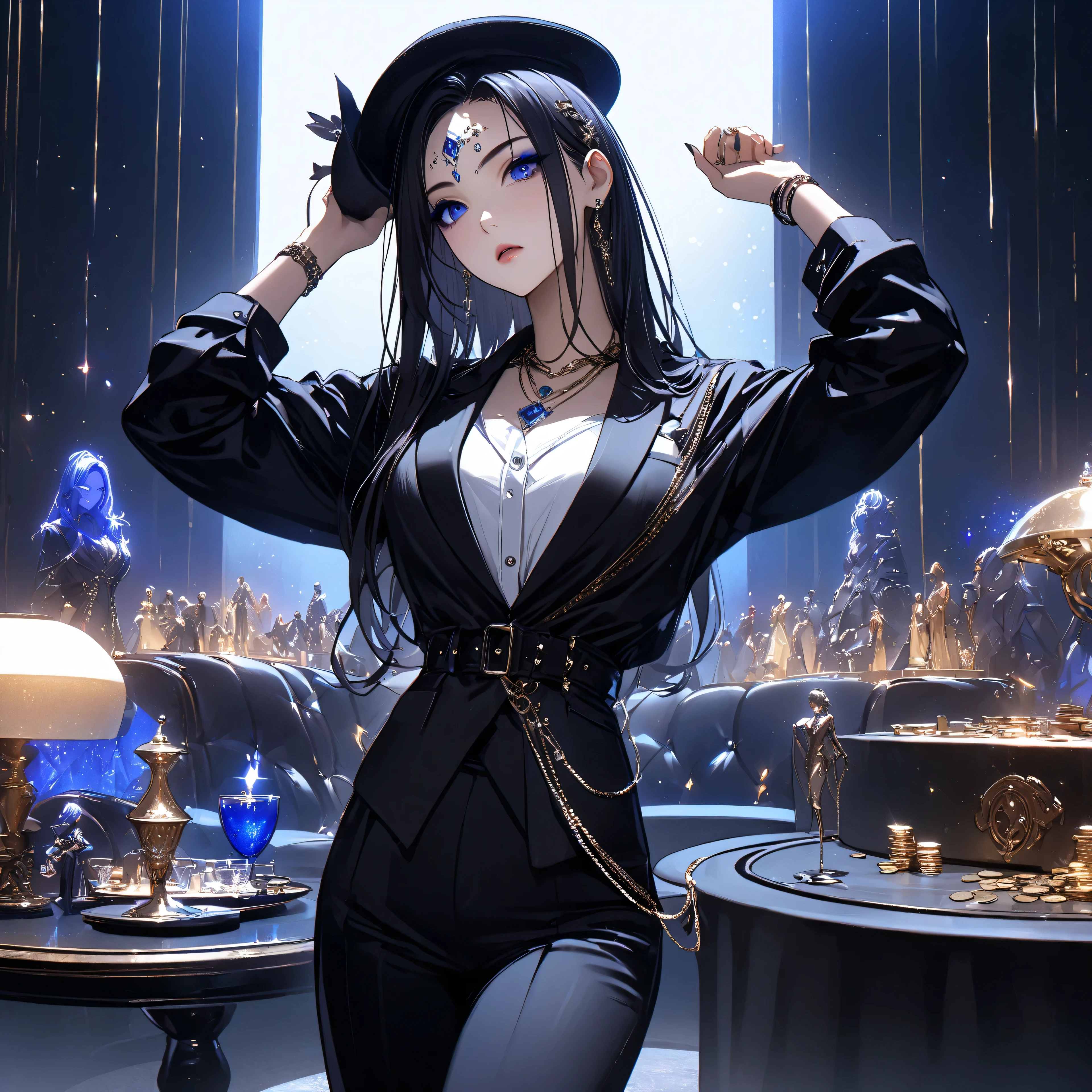   top quality、Ultra-precise depiction、 detailed map、  bright colors visible from the forehead、 beautiful girl 、 alone、40 years old、 Height、 accurate facial depiction、Dark outdoors、 starry sky 、Blue lighting、Sofa、 table、wine、coin、 tuxedo、 shirt、 tie、 bust up、 Skin radiance、 Beautiful figure  、 Bad mood、 eyes、 black hat、wear one&#39;s hat deep、 Tilt Your Head、Intimidation、 hair ornament、 dark makeup、blue rouge、 eyeliner、 eyeshadow、Glitter on hair 、 slender figure、metal chain、  jewel necklace  、ring、Bangles、 Fashion Model
