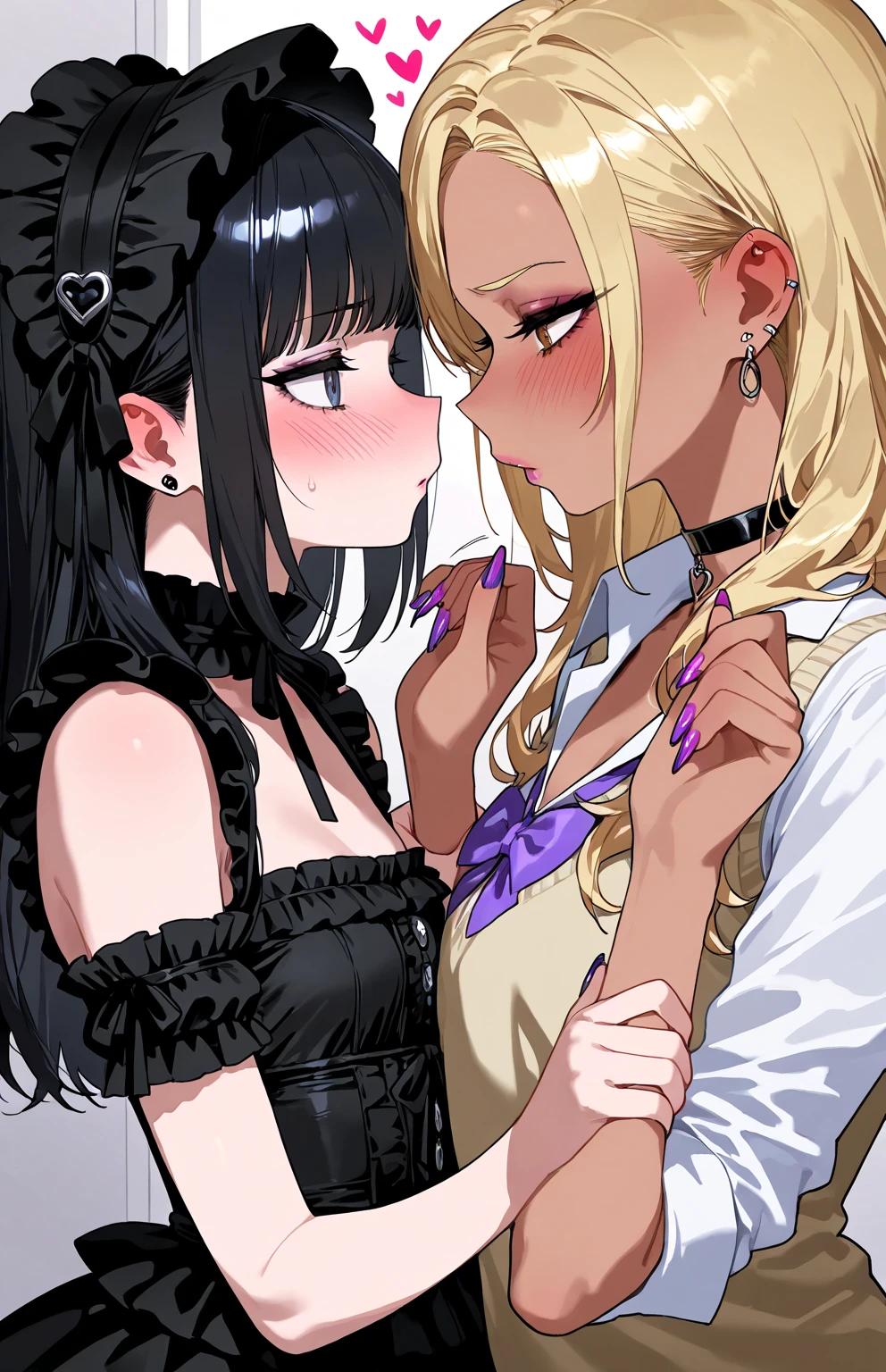 Two Women,Alpha ,Long blonde,gamma,Long Black Hair,((Touching the groin)), ((dress))),Big Breasts, kiss, (adult), (Elf)
 ((My crotch is wet)),Love Hotel,My crotch is wet,Are standing,(masterpiece:1.2), High resolution, Highest quality, 8k,