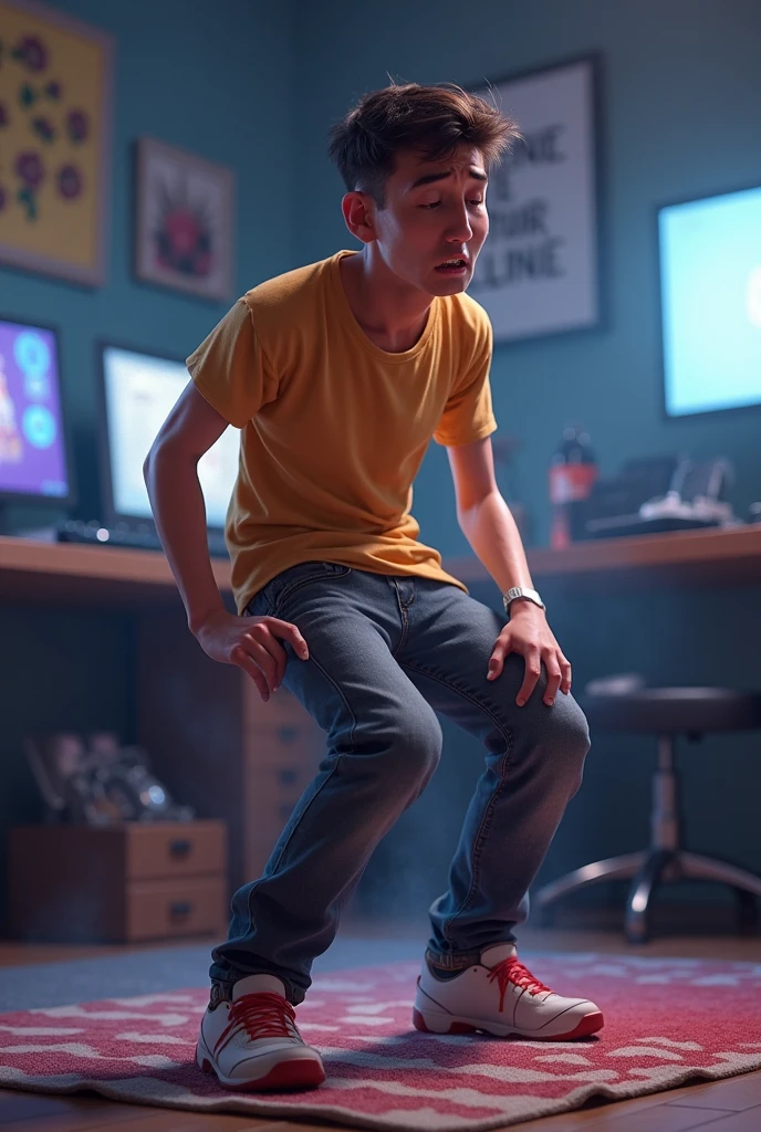 boy standing in room, cracked floor and broken floor rising