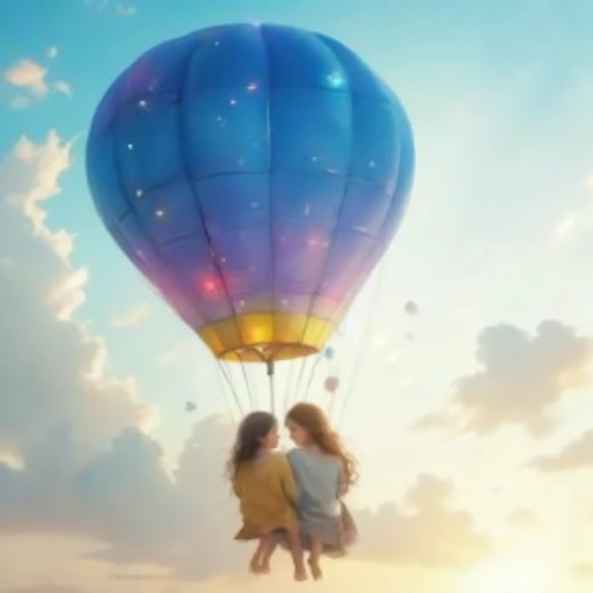 (EyesHD:1.2), masterpiece, best quality, ultra-detailed, very aesthetic, sharp focus, depth of field, vibrant colors, ray tracing, best lighting, detailed illustration, detailed background, cinematic, beautiful face,
2people,balloon,sitting,floating sky,sunset,beautiful sky view,