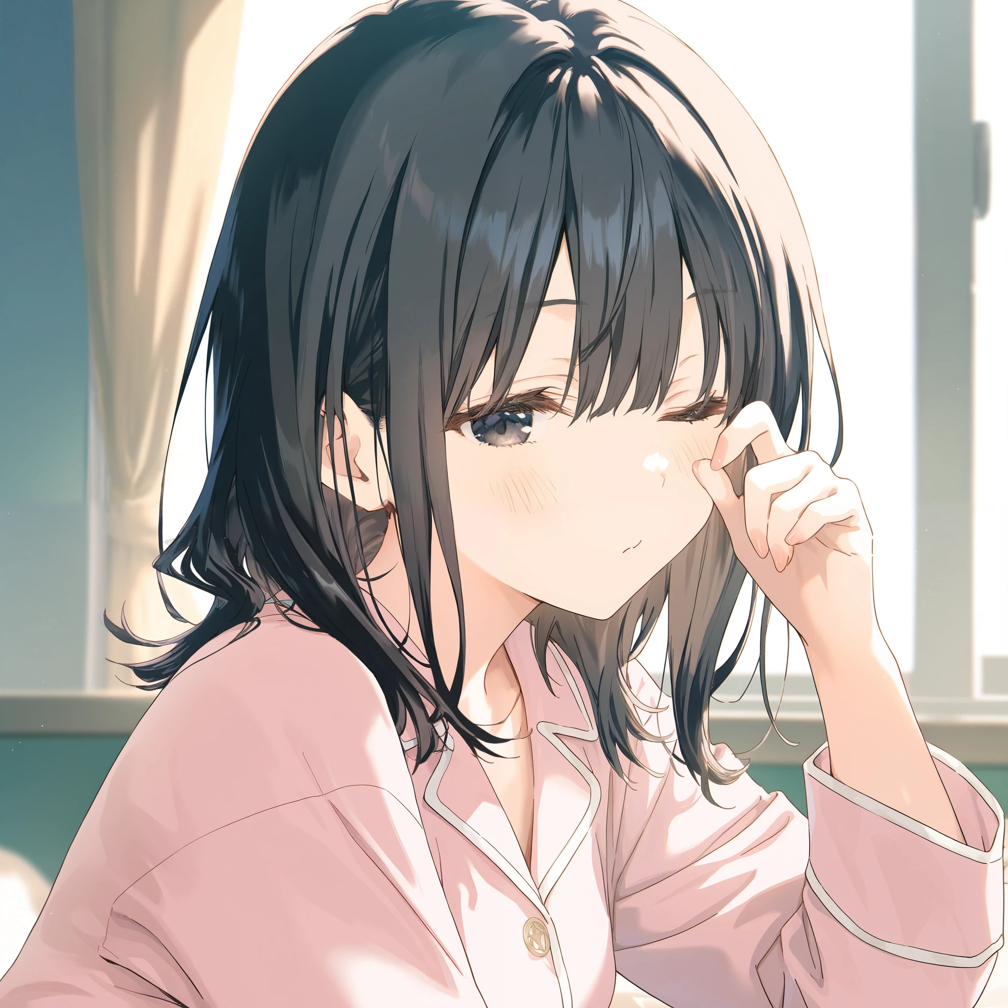 Solo,1girl, Medium hair, Meidum Breasts,Her hair is longer than her shoulder, girl,Very beautiful girl, the most beautiful girl in the school, Bang between eyes, Hair at shoulder, girl, School, black hair, Narrow eyes, Yawns, Cute, Primary 6, pink Pajamas, Young , Student, Sleep, Slightly open eyes, Medium hair, Black hair, black eyes,fantasy, game CG, break, Anime, pretty face, Got pulled by a man, Rubbing one eye, Very pretty, Yawns Cutely, Curved hair, Medium hair, Hair longer than shoulder, Blush,(artist:mitsumi_misato),artist:fujiyama,artist:kokonoka, break,(masterpiece), (best quality), (ultra-detailed),(Detailed Lighting), very aesthetic, newest, beauty illustration,super detailed skin, (masterpiece), (best quality), (ultra-detailed), very aesthetic lighting,newest ,hi res,absurd_res,shiny skin,2023, shaded,digital media (artwork), realistic lighting, 16k, 8k,highres, source_anime, official_art, photoshop_(medium)Narrow eyes,Bangs, ,Masterpiece, High Resolution, Accurate, Best Quality, 