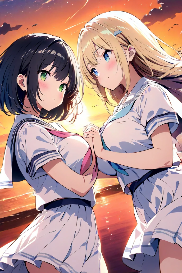 Two girls（ long hair、 blond hair、Big Breasts、 green eyes、Fleeting、A pair of ribbons on the left and right）、（ short hair、 black hair、 small tits、 blue eyes、Rin々Shii）、Under the sunset sky、 blushes my cheeks、 hold hands、 sailor suit（ pale pink）