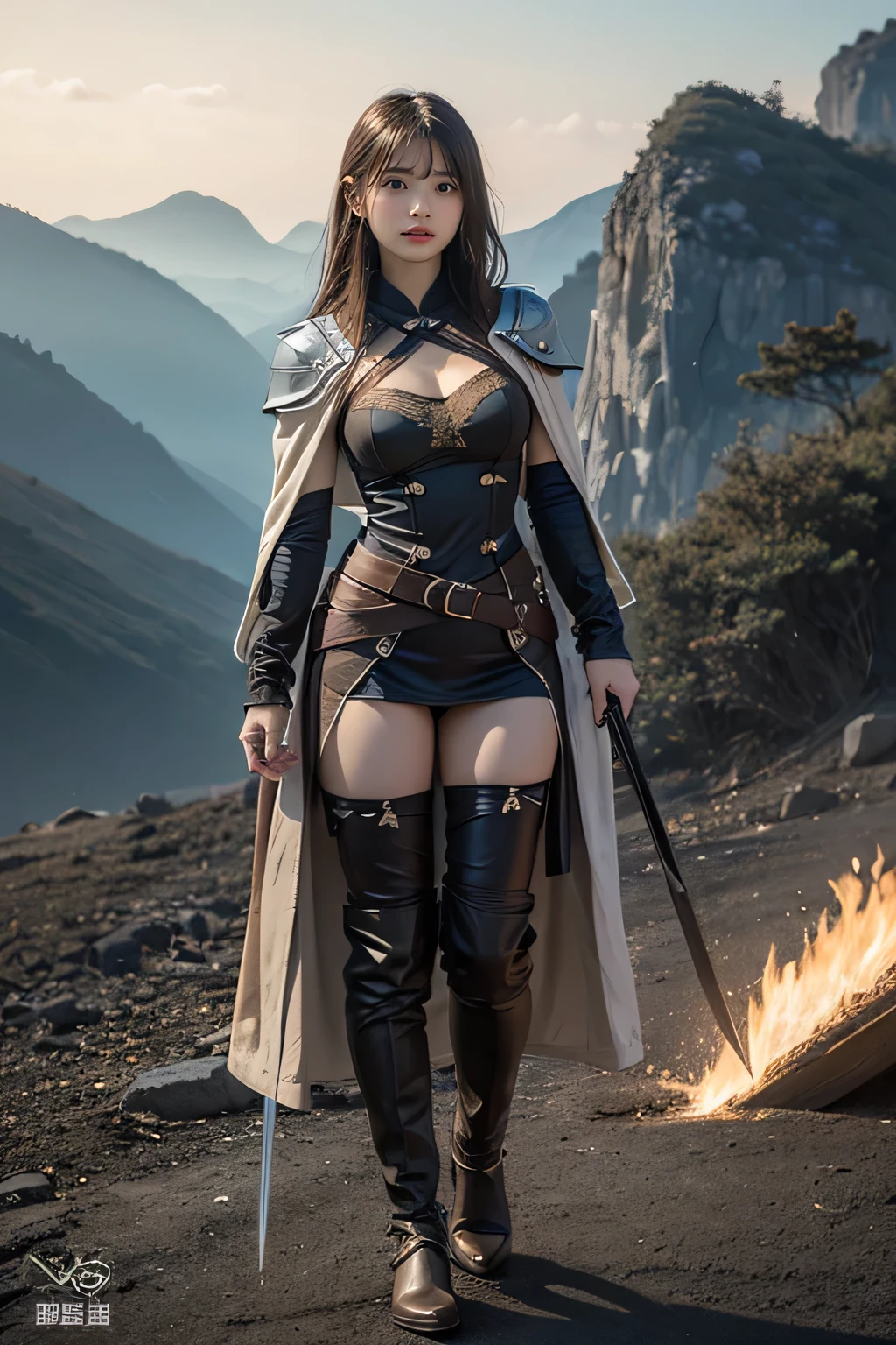 Characters from the world of swords and magic,Realistic,Whole body expression、One girl、Beautiful woman、Woman warrior、Woman in her 30s,Serious face、A condescending face、The long, narrow eyes are characteristic,Bright red, curly, long hair,The bangs hang down towards the face,tall,Wearing a metal breastplate、The navel is visible、Shorts、Super Long Boots,Show whole body,Wearing a cloak,Carrying a large shield、Landscape with a castle in the background