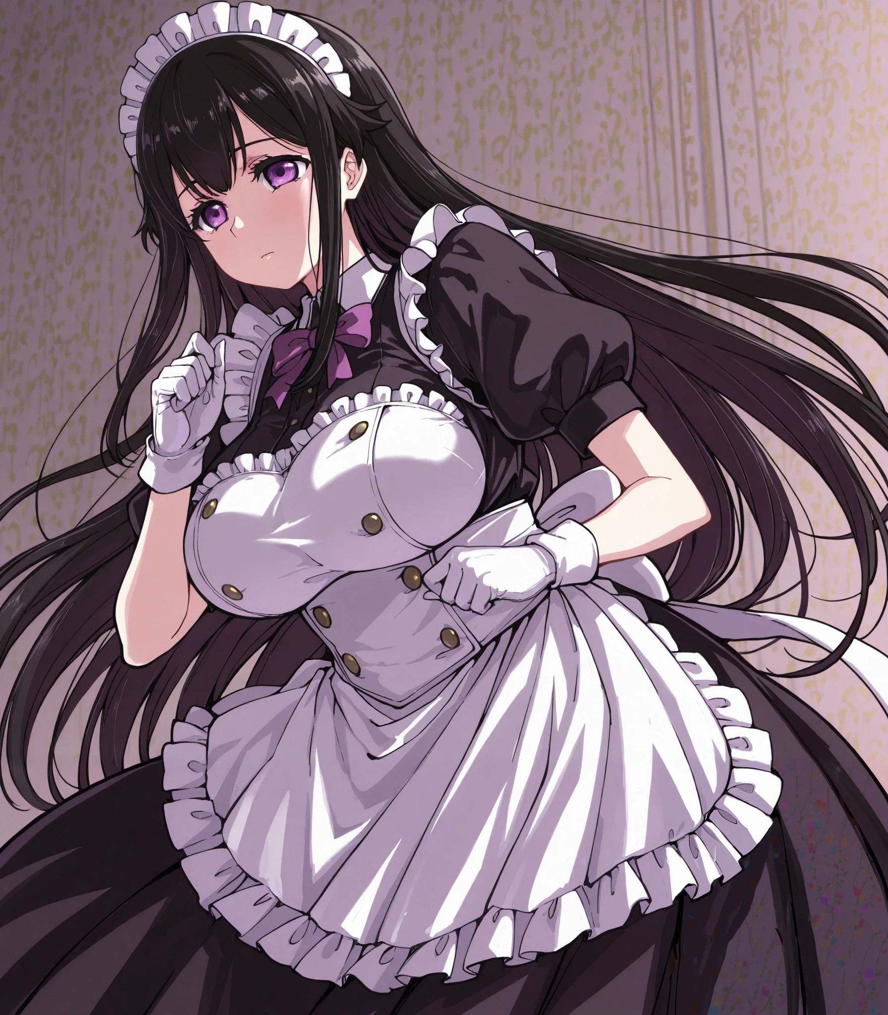 girl, alone, Hina Ryazan , black hair, very long hair, purple eyes, narrow eyes , Big Breasts, , 屋内で, big breasted,Maid, Maid headdress, apron, frills, frilled apron, puffy sleeve , short sleeve, white gloves