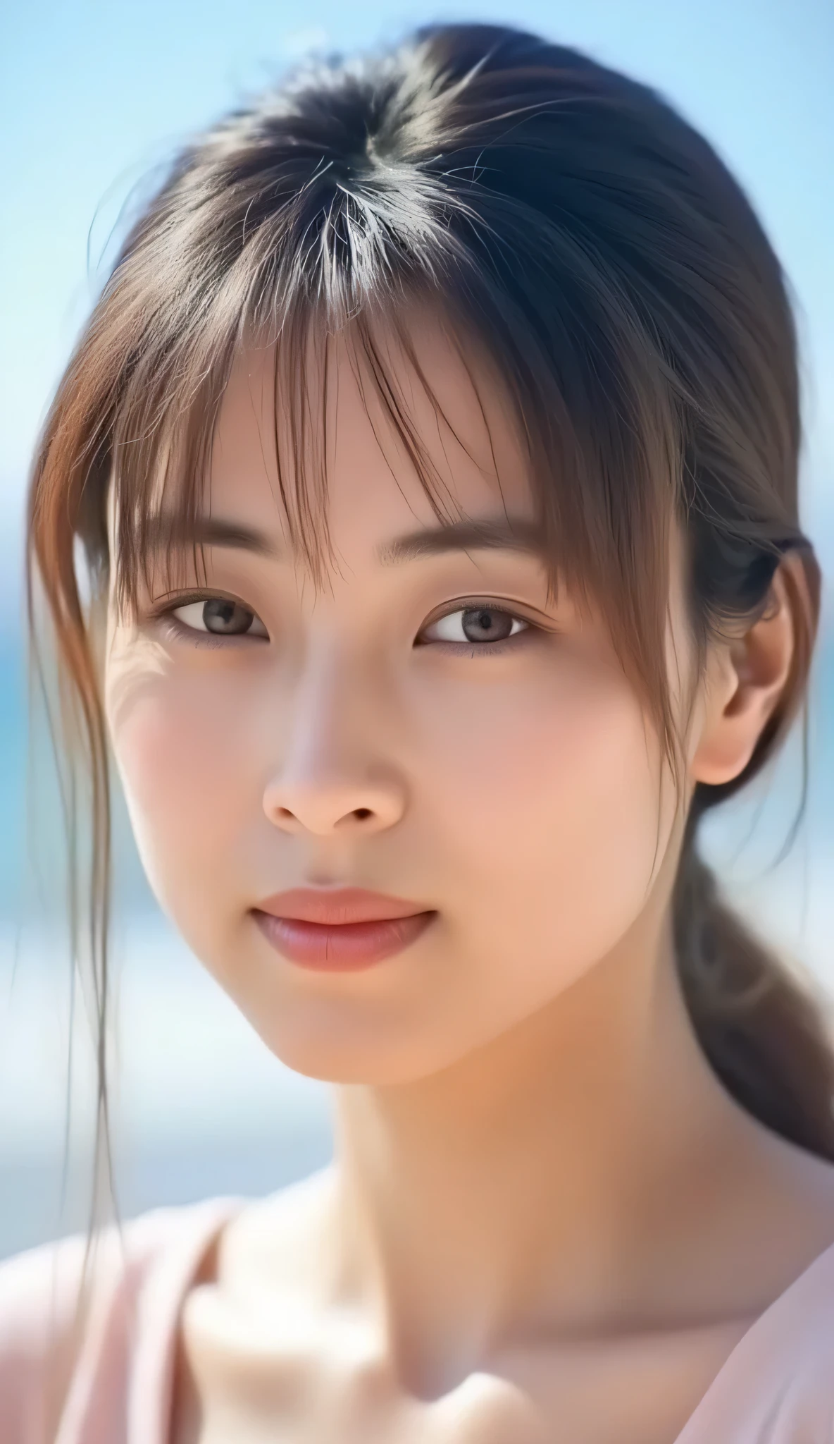      The background is a bright blue sky with a soft blur effect {x} staring at the camera with a slightly shy expression {x} posing with both hands making a firm big heart shape and holding it in front of her chest, Smile:2.0、Tilt your face slightly to the right ;2.1 (Ultra Precise Human Body Structure   ,   best quality 、RAW Photos、8k、32K、masterpiece、realistic、realistic:1.37)、Cute Japanese women images、  tank top、Photographed in natural light、   upper body、  1 girl、Photo Mapping、   Physically based rendering wearing pink see-through bodystocking made of thin fabric  、Excellent image quality、  Kampala  、1080P、(Beautiful Face)、(Detailed description of the face)、(  Detailed description of the hand setter&#39; muscle area )、(Detailed CG)、Rich Details、(  great features  :1.35)、(Detailed eyes)、  I'm looking forward to your eyes、Delicate clavicle、A very realistic and detailed portrait of a young woman's upper body。Beautiful skin、   there is a soft light on the upper part of the cheeks   .、   small pores and hair follicles  、   even the smallest blood vessels are visible 。The skin is smooth、Natural flushing of the cheeks、 small pores and hair roots 。  The eyes are large and clear blue、  The iris has fine patterning、 Light is reflected 、 slightly tilted to 。  There is a slight shadow under the eye、  lashes are long and naturally curled 。  Her lips are a soft pink color、  smooth texture and natural shine 、 The woman is wearing a thin fabric camisole.、   The background is a pale monochrome gradient 、The focus is completely on the face and upper body 。realistic shadows and textures、 photographic depiction .。
