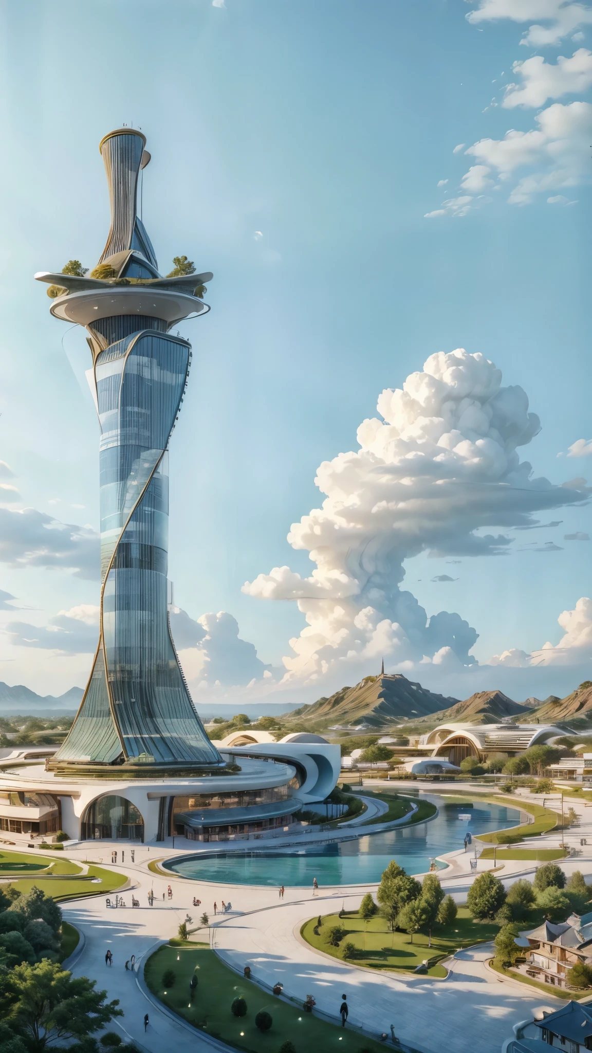 Building design , landmark tower, day light , outstanding, single tall building, blue sky.  City and mountain at the background 