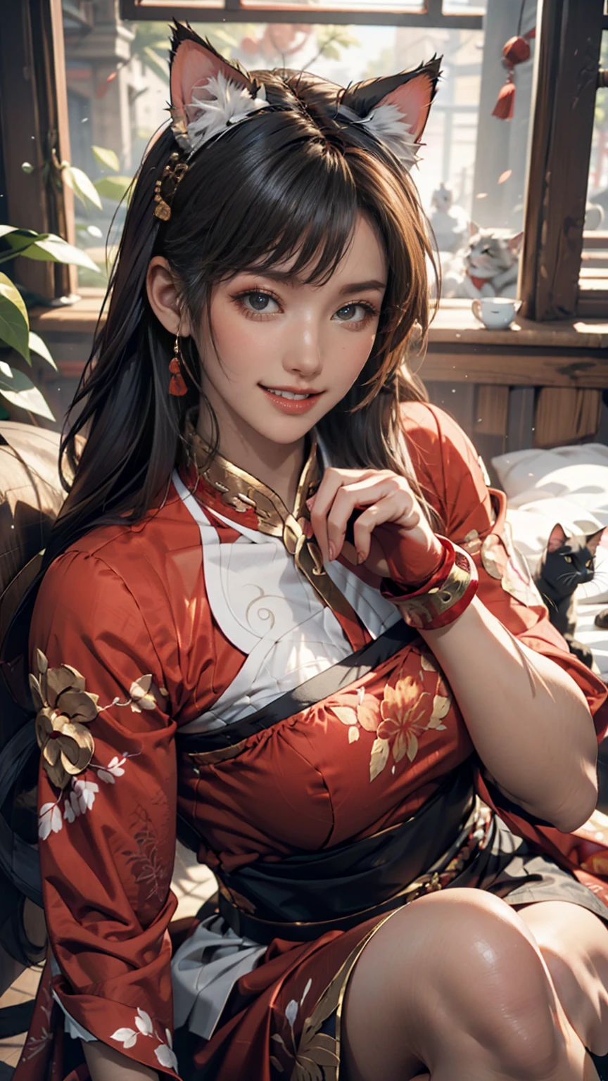 Wolf logo,Cute smile, Chinese girl,bared chest,on cheongsam,Look to the lens
