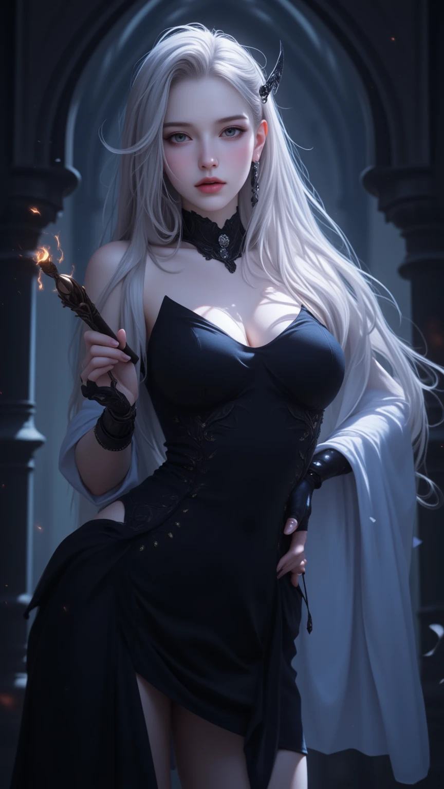 A beautiful woman in anime realism style, very long, wavy hair and perfect thin body, white gown, blue colored eyes, long socks, Masterpiece Digital art with Gothic influence Animecore, Bagá, Vibrant, on a dark staircase with red tapestry and chandelier with lit melted candles, very fair skin, gothic witch, Highly detailed Gothic-style background, Attractive composition, artegerm, milo manara, sharp focus, portraite. She is close to the screen.