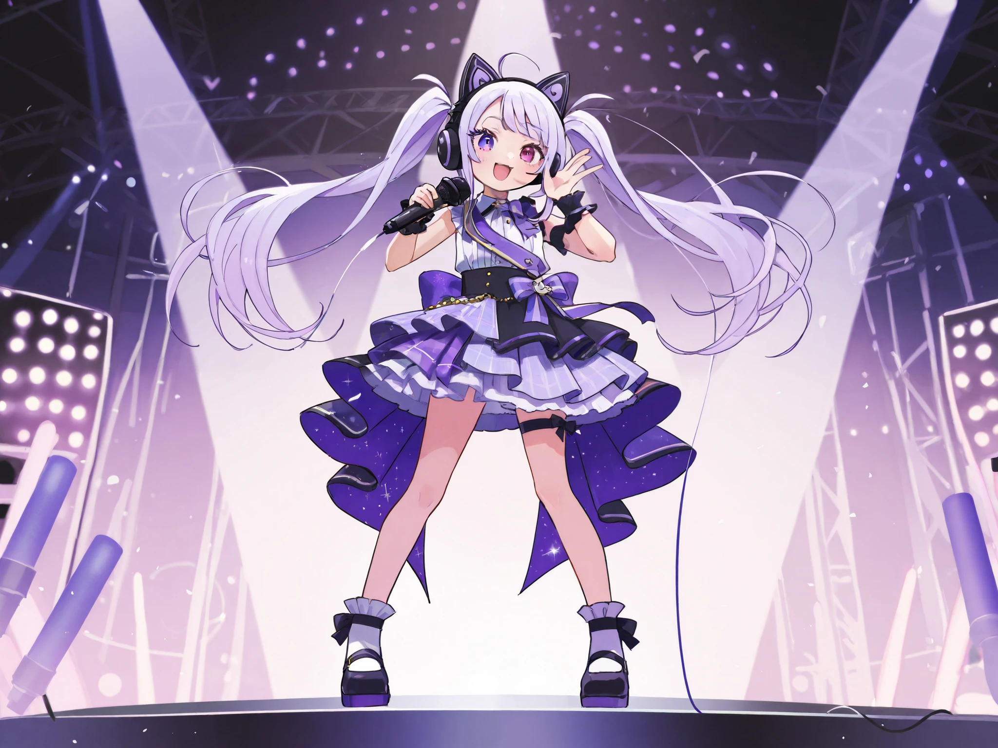 one girl、 full body standing picture 、Light purple hair、 twin tails、 sling、 long eyelashes 、 eye color is purple、 idol costume、Cat ear headphones、Smiling here。 holding a microphone。