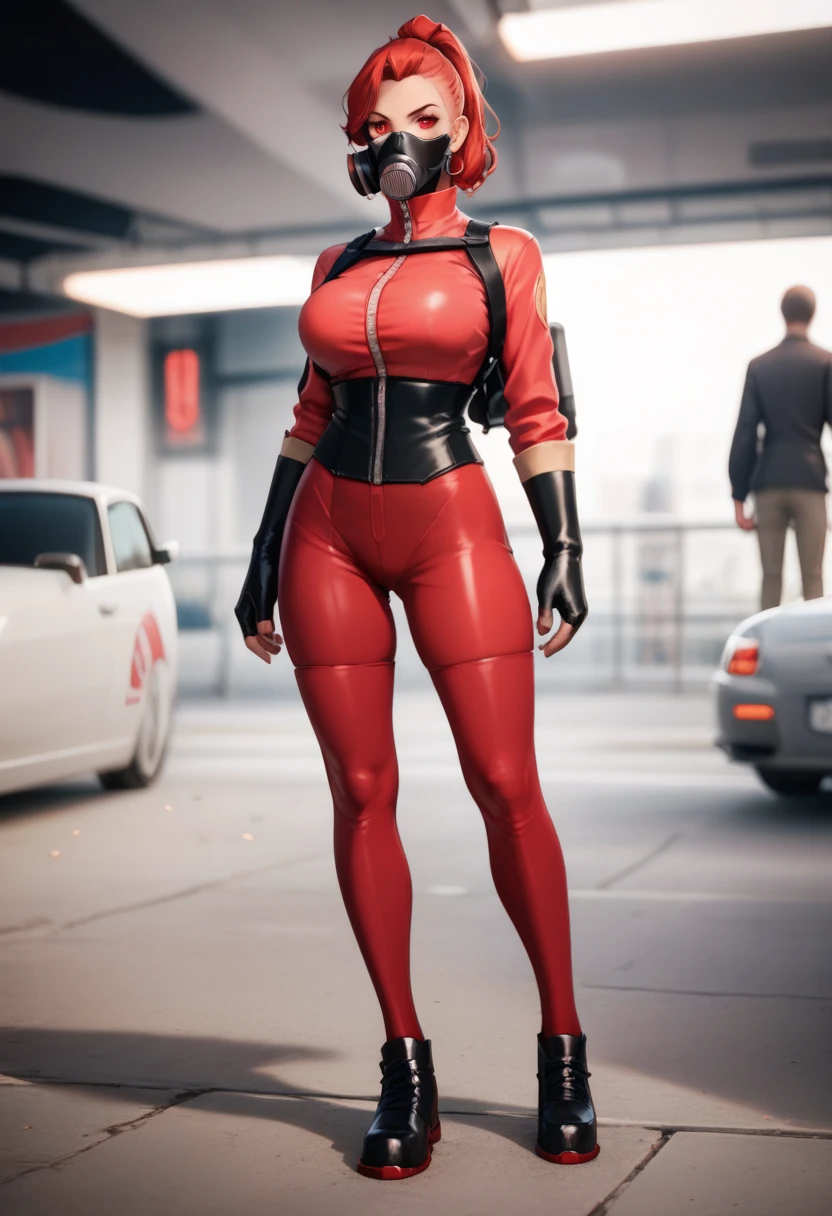 Solo exhibition， ultra fine photos， Portrait of Unreal Engine 5 8K UHD girl wearing skinny futuristic red latex costume，Wear it with a white jacket，Sleek red suit，Red iconic figure，Smooth red skin，Red body，PVC，Glossy latex clothing，Rubber suit，Rubber belt，neckwear，Futuristic full-face helmet，Futuristic rubber gloves，Futuristic high boots，Arm and leg cuffs， watchband， Cyberpunk world， Have a gun， Best quality at best， tmasterpiece， offcial art， Unified 8k wallpapers， super detailing， tack sharp focus， dynamicposes， body parts， There are no extra limbs， Precise anatomy