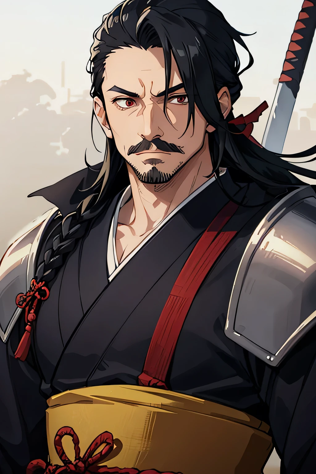 a 30-year-old man, Japan, black hair, shoulder-length hair tied , thin mustache and thin beard , red eyes, muscular , dignified , a samurai, has a sword slash scar on his eye, an anti-hero , cold-blooded , front facing , wearing samurai armor