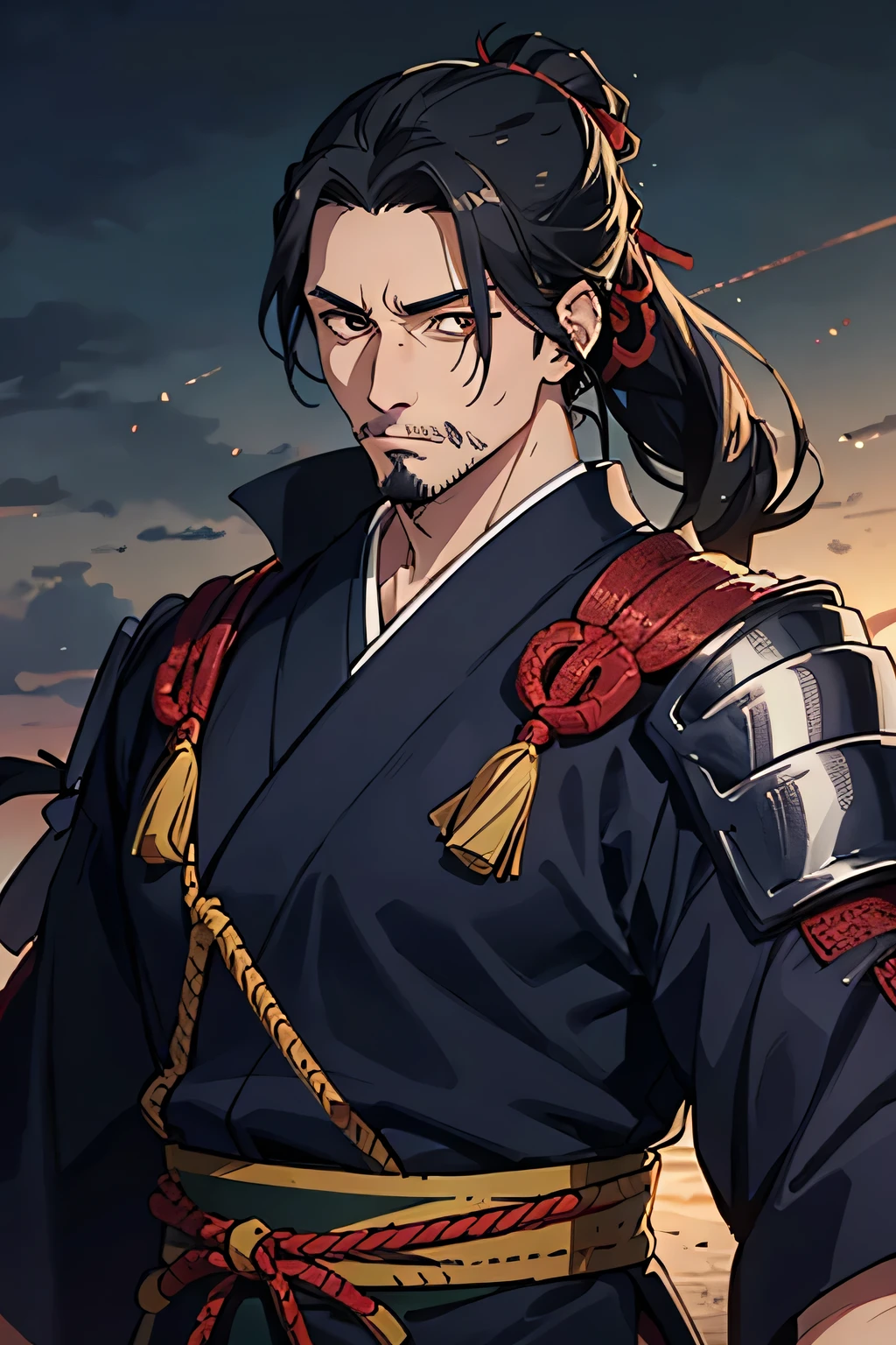 a 30-year-old man, Japan, black hair, shoulder-length hair tied , thin mustache and thin beard , red eyes, muscular , dignified , a samurai, has a sword slash scar on his eye, an anti-hero , cold-blooded , front facing , wearing samurai armor