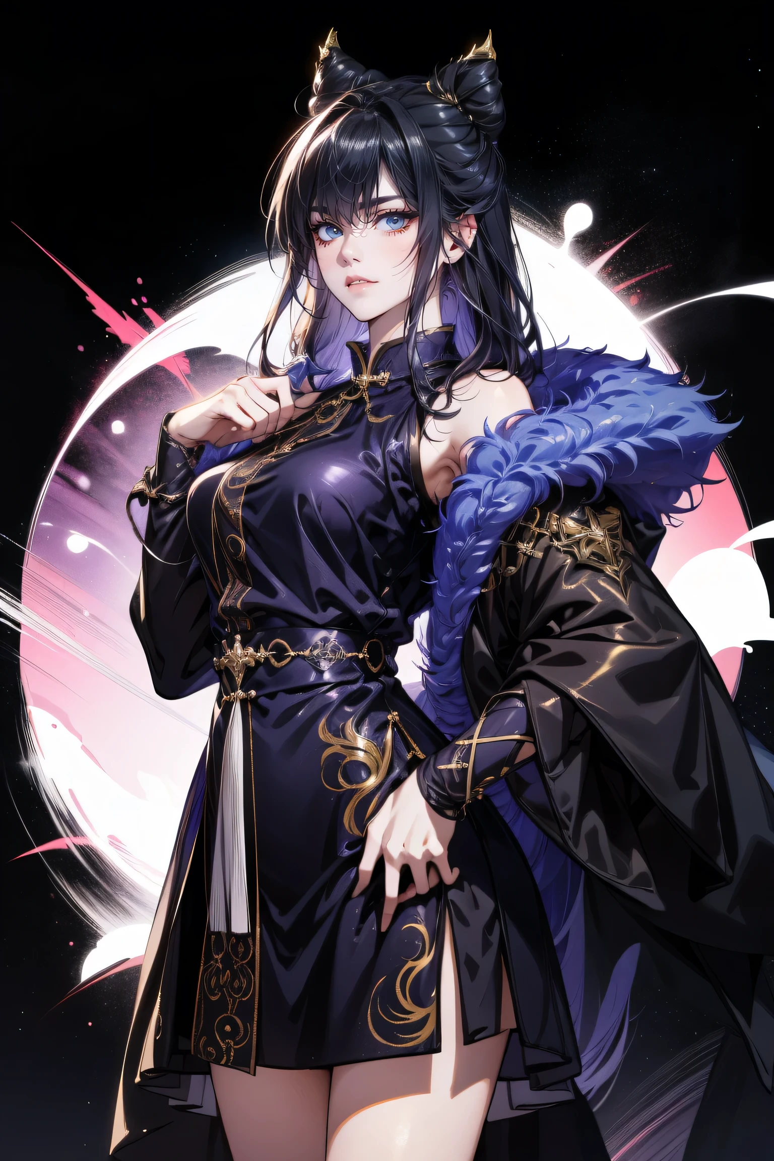 Masterpiece , best quality, 1 Xiao Wu , Face Color Looks Cool , Strong, Golden Left Eye , Red Right Eye , Long hair, Black hair, Firm Eyes , Simple Uniform , Black Long Earrings , Chinese Morden Hybrid , Front Photo , simple background, purple Background , Anime, illustration, Full body , bun hair , black fluffy animal coat on shoulders , girl , half body , big breasts and loliody , purple eyes