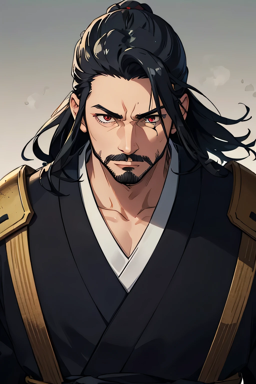 a 30-year-old man, Japan,  black hair,  shoulder-length hair tied ,  thin mustache and thin beard ,  red eyes, muscular , dignified , a samurai,  has a sword slash scar on his eye, an anti-hero , cold-blooded ,  front facing ,  wearing samurai armor 