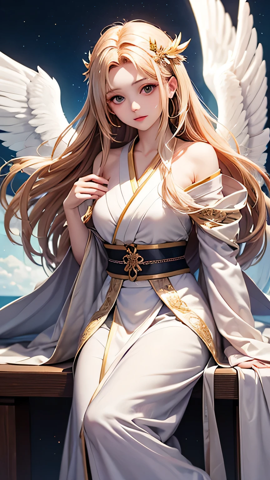 A mystical angel with flowing golden hair, holding a glowing heart against a backdrop of a soft pastel sky. The angel has delicately feathered wings and is enveloped by ethereal clouds drifting around. Near the angel, Japanese text reads 'I will date before February 14th,' emphasizing a romantic anticipation. The composition employs the rule of thirds to create balance, with contrasting warm golden and cool pastel colors to evoke a dreamy atmosphere. Light subtly plays on the angel's features, highlighting her serene and celestial presence.