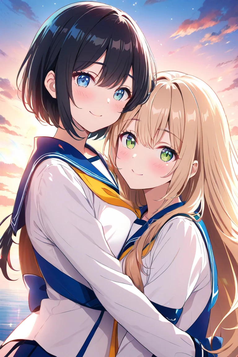 Two girls、 and stare at each other、( long hair、 blond hair、Big Breasts、 green eyes、Fleeting、A pair of ribbons on the left and right)、( short hair、 black hair、 small tits、 blue eyes、Rin々Shii)、Under the sunset sky、 blushes my cheeks、 hug each other、 sailor suit( pale pink)