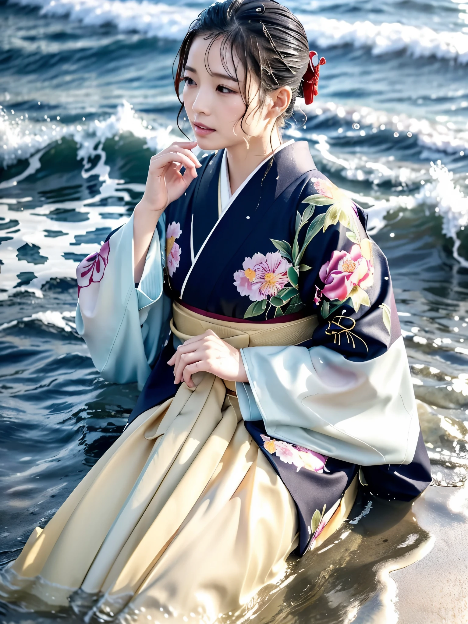 Realistic, long-sleeved kimono, hakama, long hakama, floral patterned kimono, wet clothes, soaking wet clothes, wet and shiny clothes, clothes with a wet texture, clothes that cling to the body, wet clothes, soaking wet, sinking in water, sinking in the sea, lying down, being hit by waves, being swept away by waves