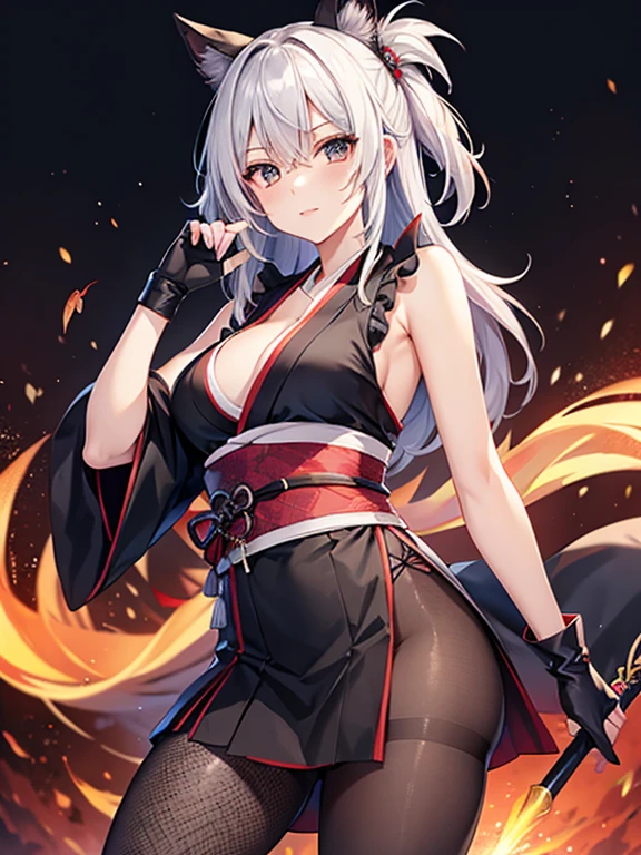 1girl, beautiful hair, golden eye, katana, flames, burning houses, glowing, sidelighting, wallpaper,