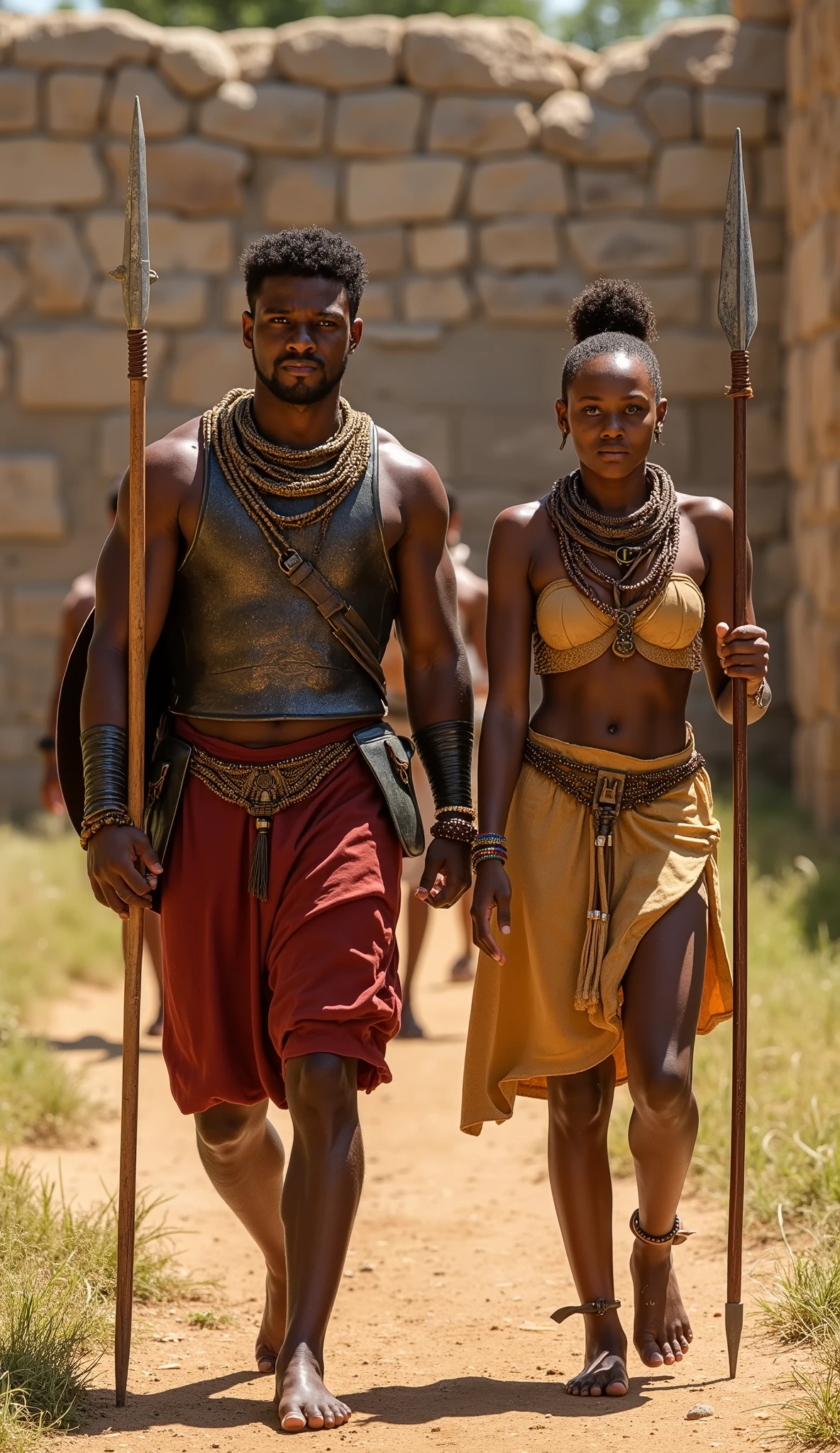 In a cold Irish landscape, with lush green meadows, rolling hills, and a dirt path filled with stones and puddles, two women walk with a chained slave, all barefoot. The first women is a 50-year-old, 1.90-meter-tall Viking with fair skin, very large sagging breasts, and a muscular, toned body. Her face shows the fatigue of a long journey, her thick hair in a single braid down her back. Her skin is dirty, covered in mud, with visible scrapes and bruises. She wears a few tightly bound leather harness straps and some Viking accessories, the straps digging into her skin from being too tight, the leather pressing into her skin. Despite the dirt, her face is strikingly beautiful, with large green eyes and slightly cracked lips, staring directly at the camera with intensity.
Next to her, a 30-year-old, slender yet muscular African American woman walks barefoot. Her long hair is styled in a neat braid, her skin shows signs of days without a bath, with similar scrapes and bruises. She wears a few tightly bound leather harness straps and some Viking accessories, the straps digging into her skin from being too tight, the leather pressing into her skin. Her beautiful face shows determination, with large green eyes and full lips, gazing intensely at the camera.
Between them, they drag a chained slave by the neck and wrists—a large, heavily built Viking man. He is defeated, his body marked with blood, sorrow, and pain, covered in mud, with numerous wounds. His chains clink with every step, contrasting with the women's resilience.
Both women navigate the rugged, chilly path, their barefoot steps showing strength, while the enslaved man struggles behind them.