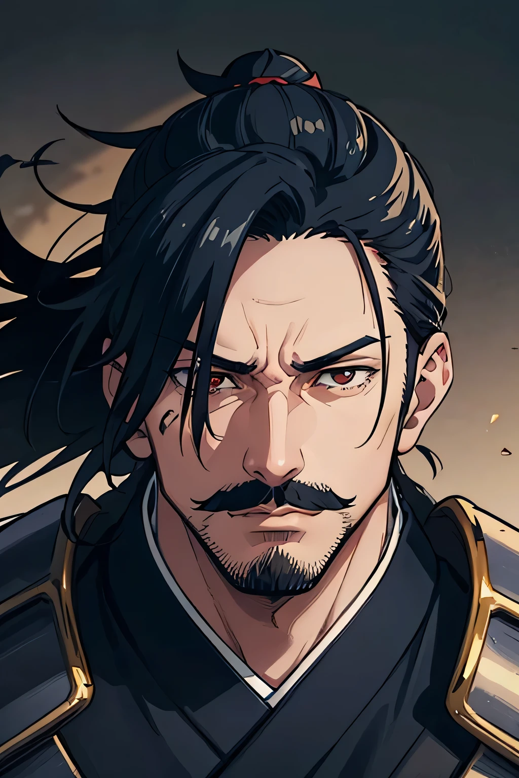 a 30-year-old man, Japan,  black hair,  shoulder-length hair tied ,  thin mustache and thin beard ,  red eyes, muscular , dignified , a samurai,  has a sword slash scar on his eye, an anti-hero , cold-blooded ,  front facing ,  wearing samurai armor , wearing a blue samurai helmet