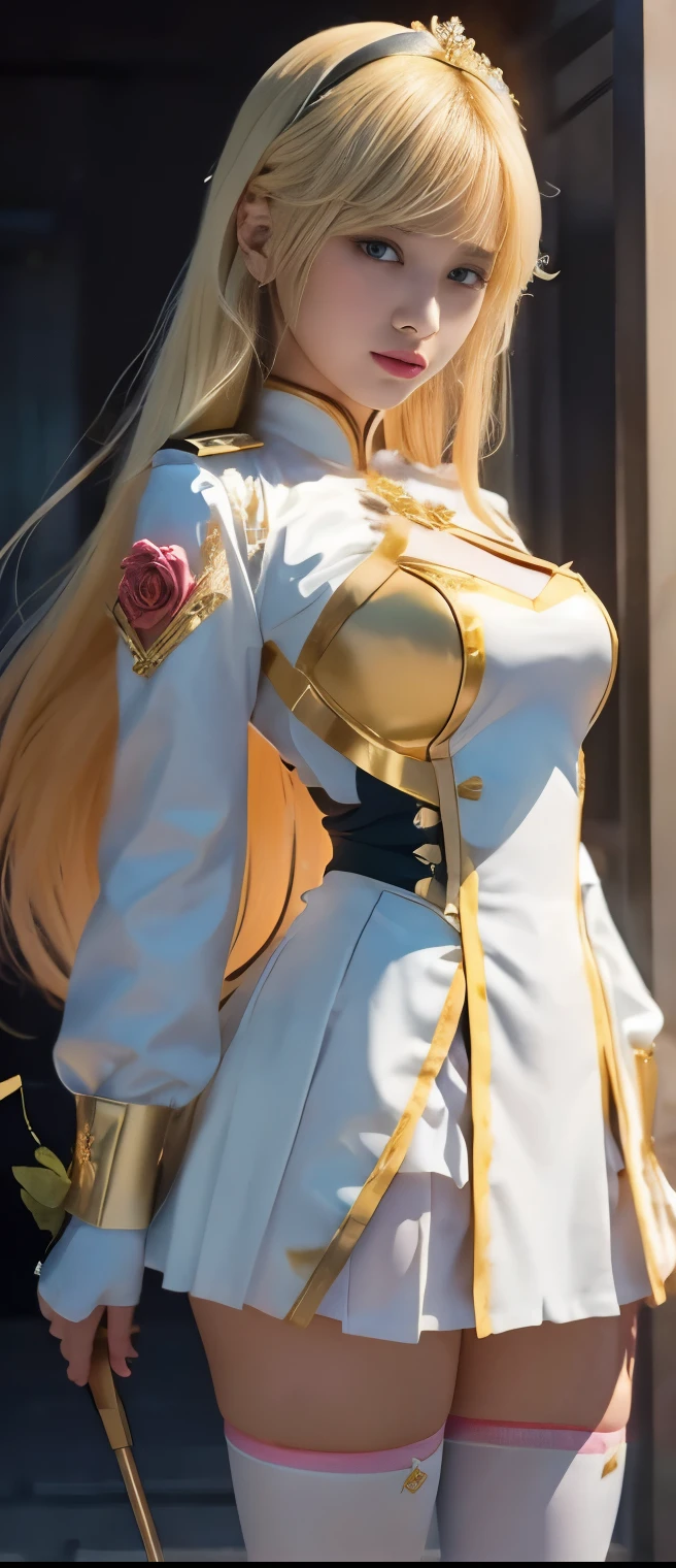 cool fancy idol girl（ blonde hair）、A pure girl's face、 hypo、 Tight Miniskirt Uniform（White and Gold）、Rose Diadem 、、、Glowing Rose Spear 、