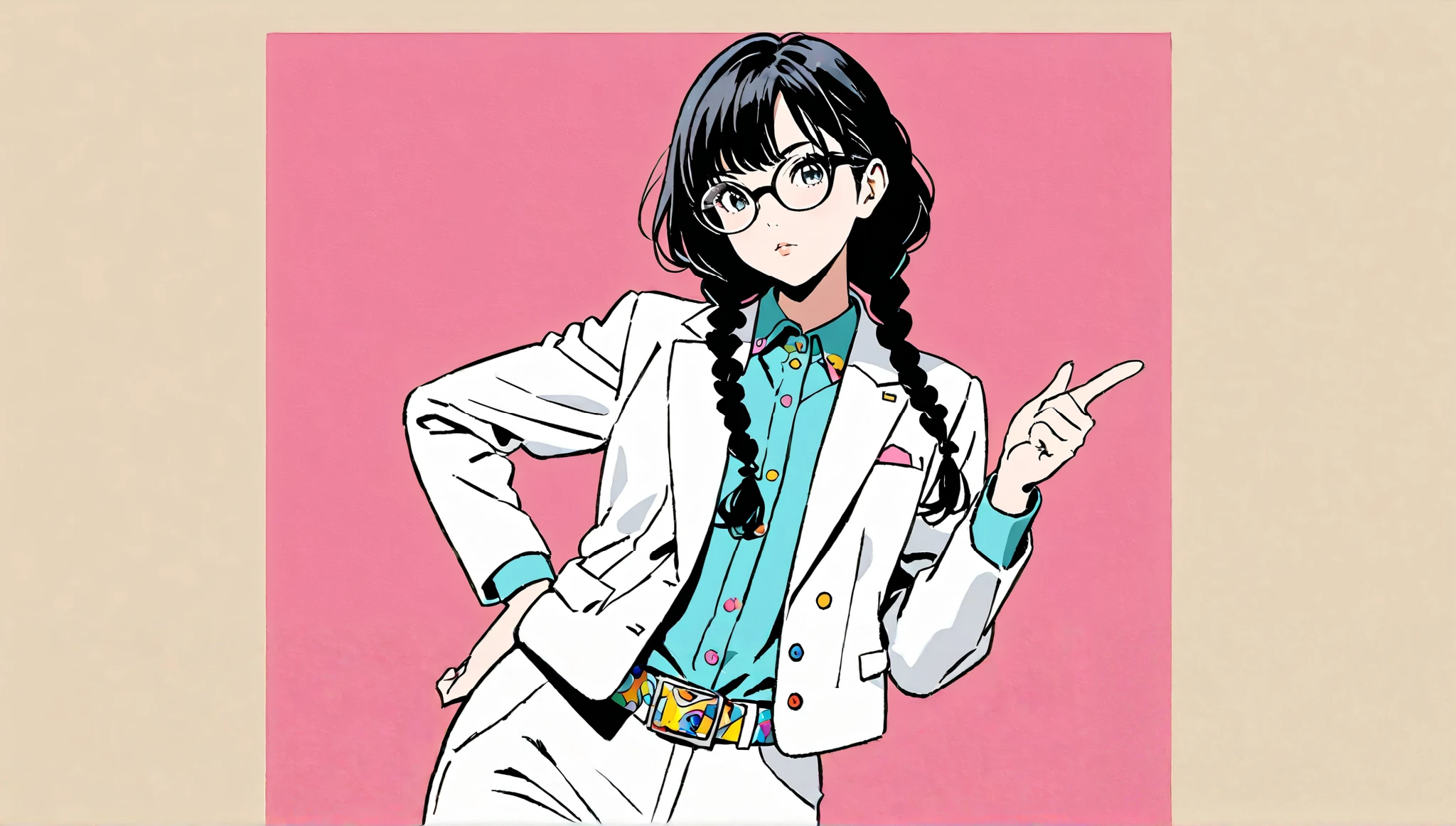((alone)),((pointing up)),(( wiggle your hips)), expressionless,((Black hair long hairstyle with braids)),((( black rimmed glasses))),masterpiece, Highest quality, Beautiful attention to detail, Very detailed, In detail, High resolution, (( white suit jacket、 white pants))),Perfect Anatomy, , , girl, (one person:1.5), alone, (City pop illustrations), ( simple solid color background), Simple disco Background, (), (night), 80's fashion,anime,